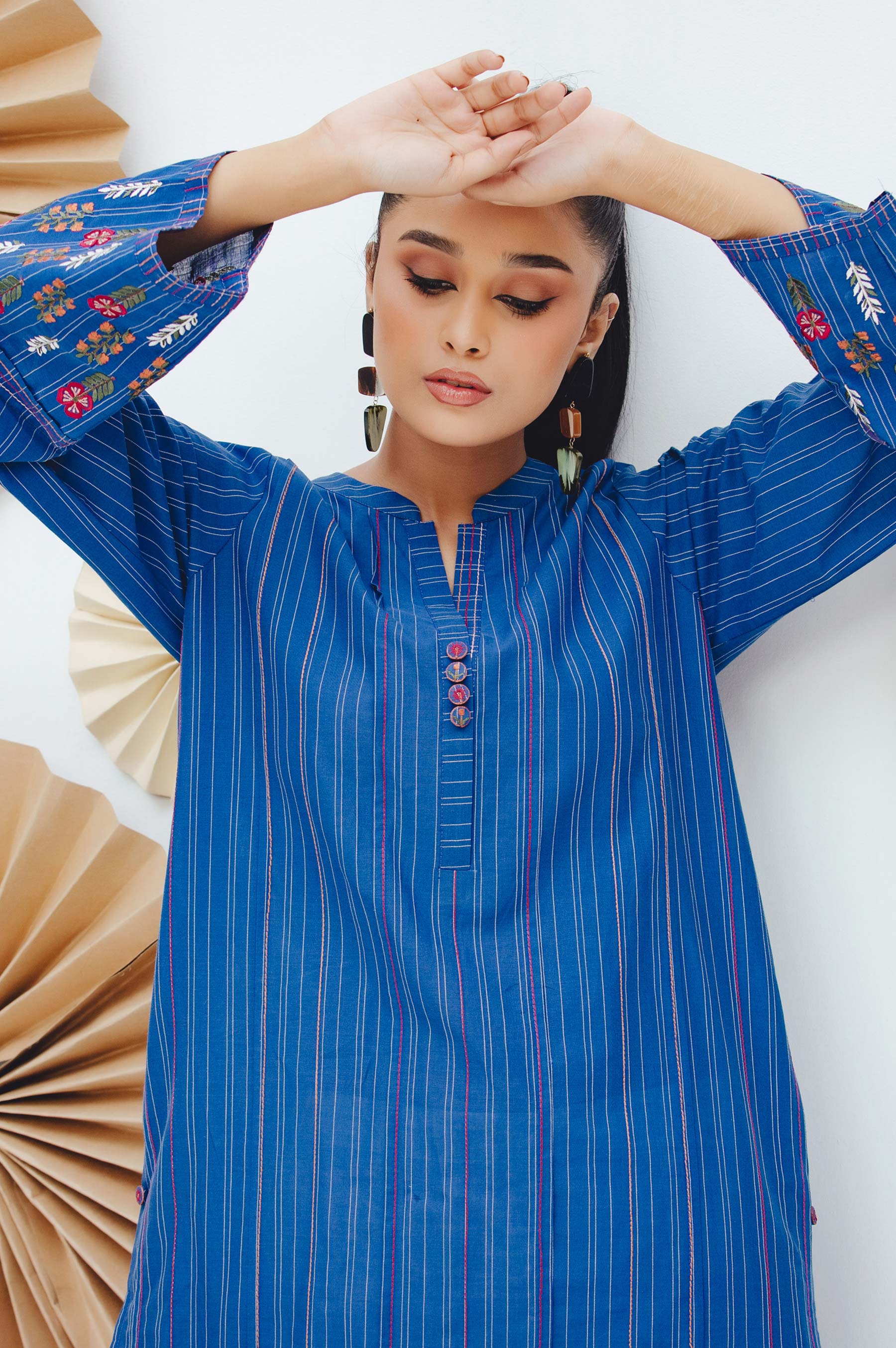 Stitched 1 Piece Embroidered Yarn Dyed Shirt - Image 3