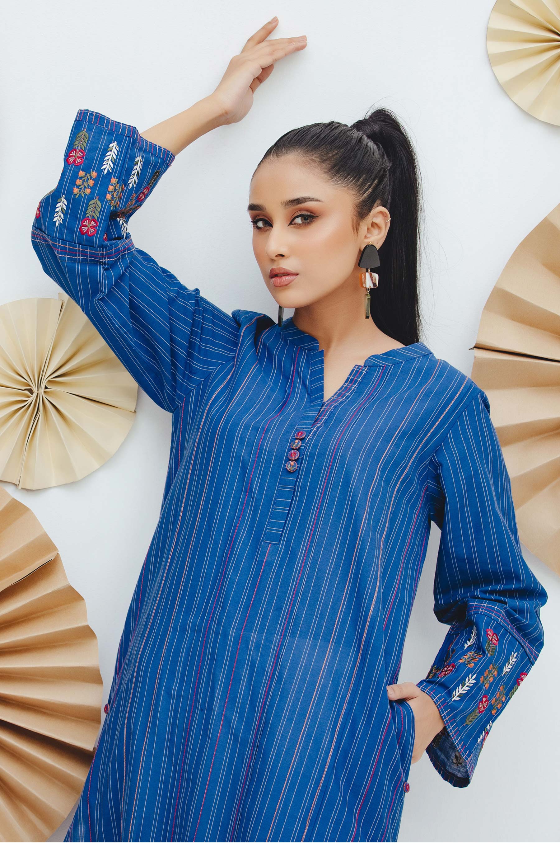 Stitched 1 Piece Embroidered Yarn Dyed Shirt - Image 4