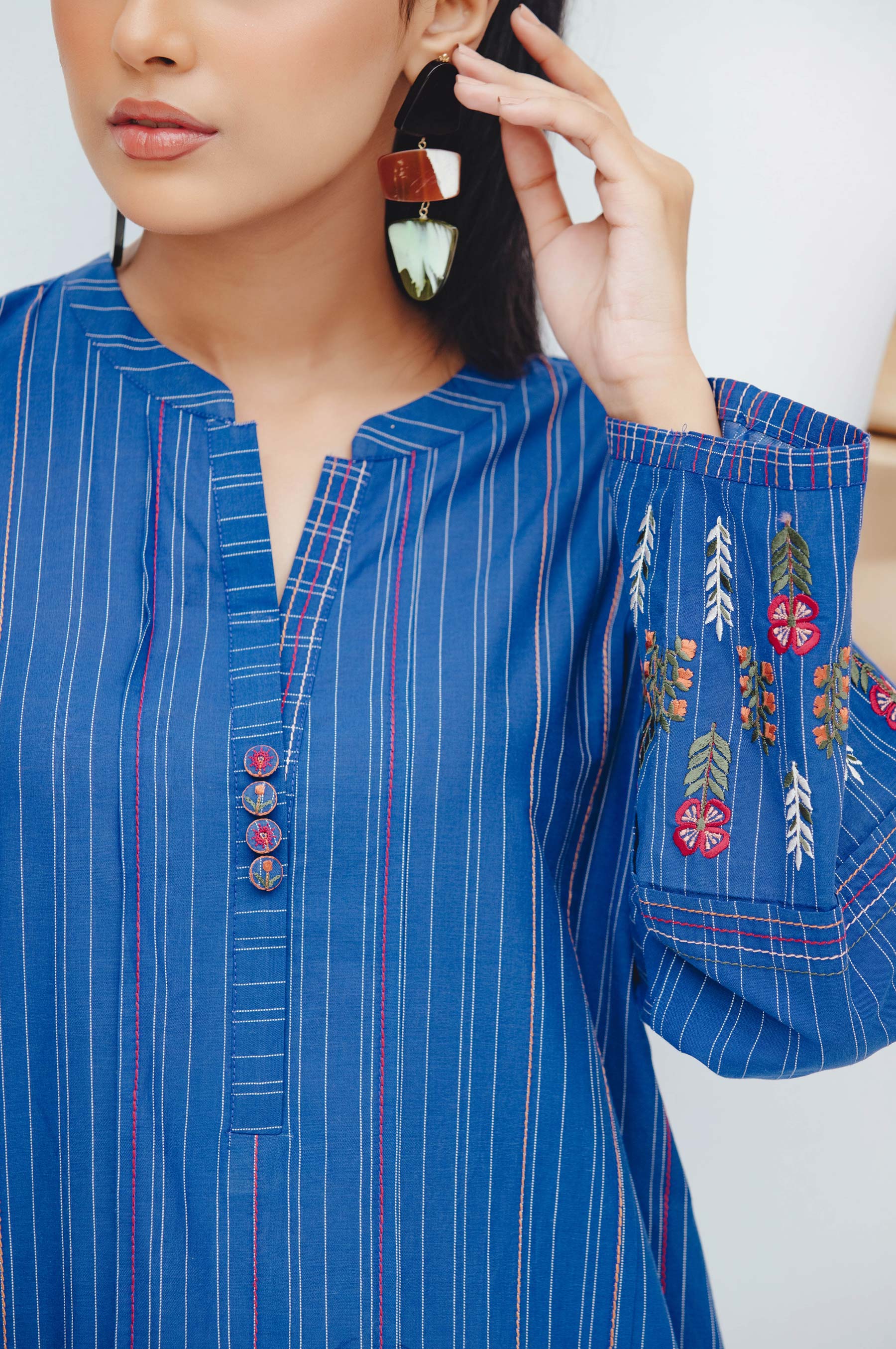 Stitched 1 Piece Embroidered Yarn Dyed Shirt - Image 5