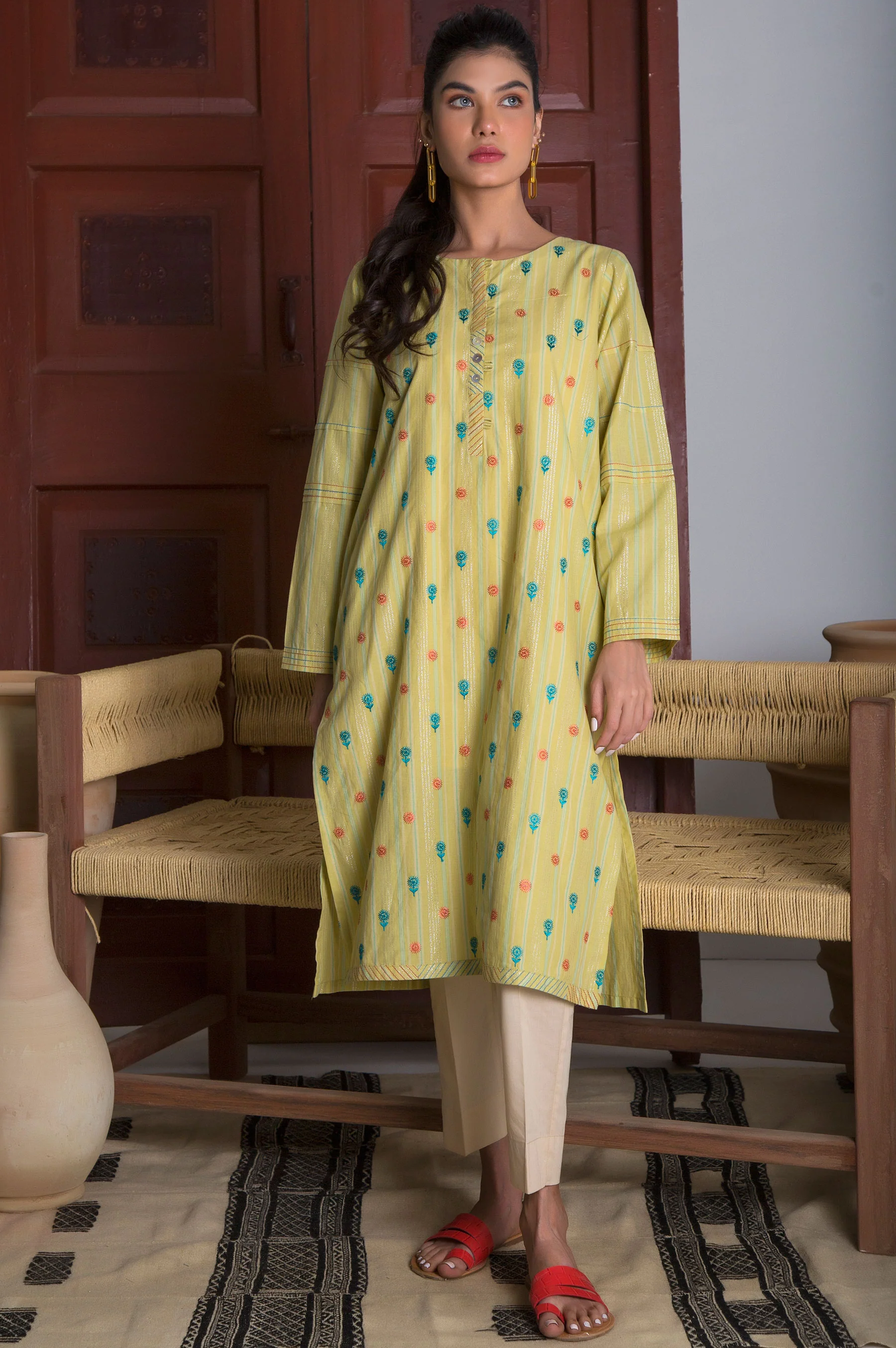 Stitched 1 Piece Embroidered Yarn Dyed Stripes Shirt - Image 2