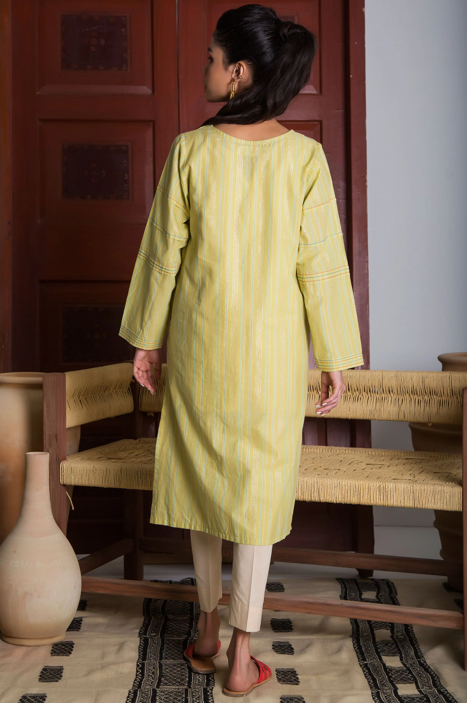 Stitched 1 Piece Embroidered Yarn Dyed Stripes Shirt - Image 3