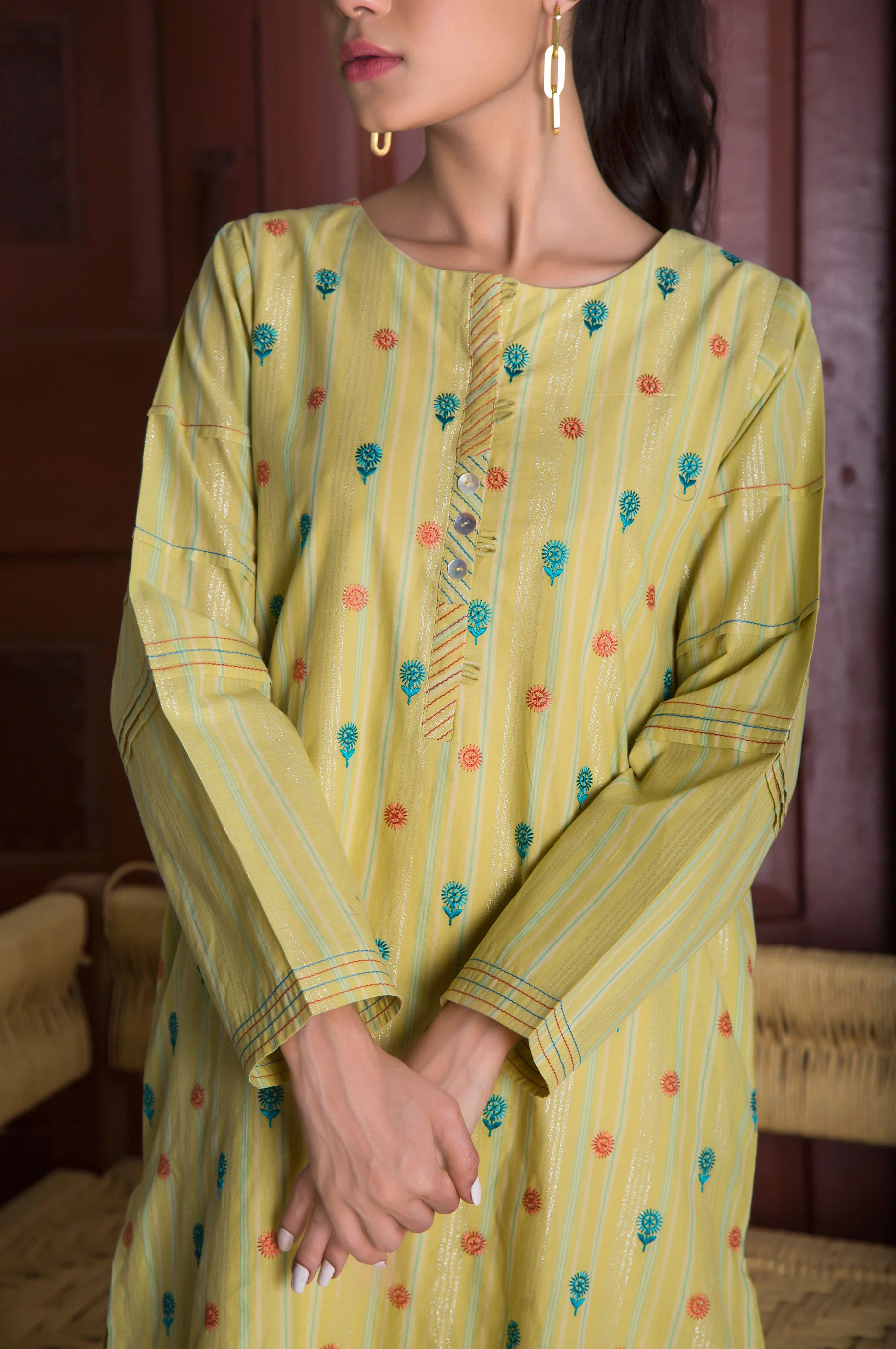 Stitched 1 Piece Embroidered Yarn Dyed Stripes Shirt - Image 4