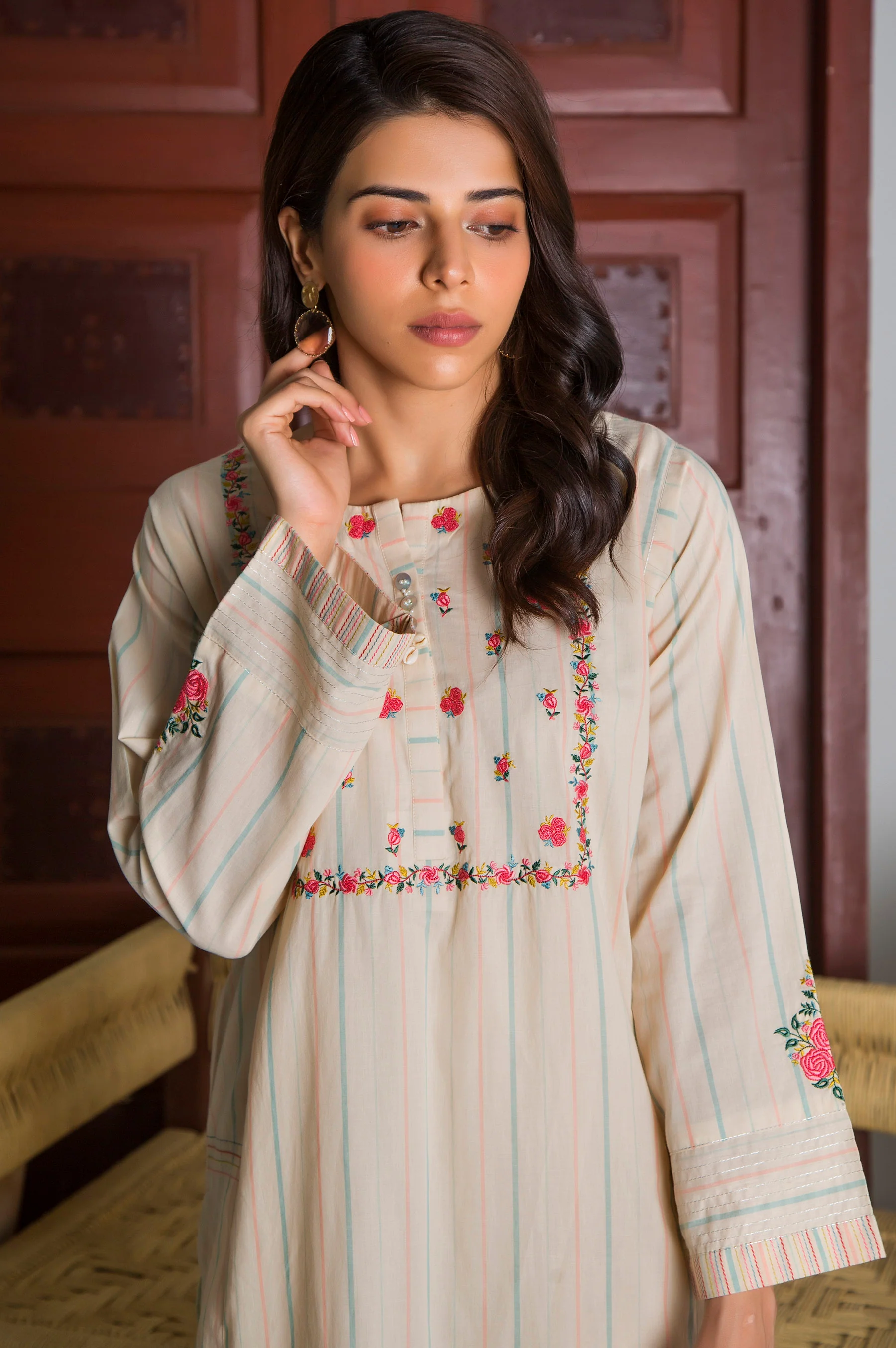 Stitched 1 Piece Yarn Dyed Stripes Embroidered Top - Image 2