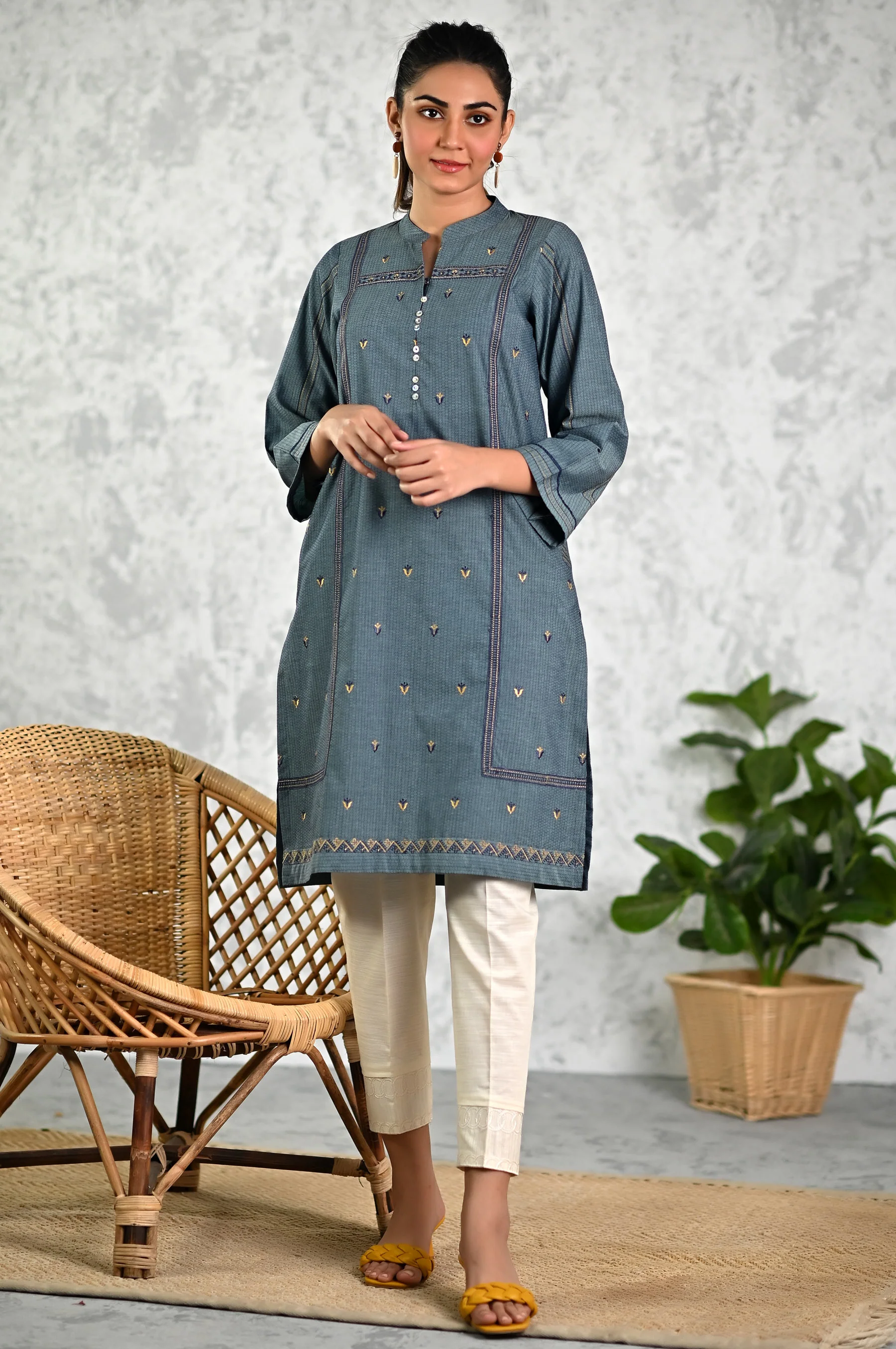 Stitched 1 Piece Embroidered Yarn Dyed Textured Shirt - Image 2
