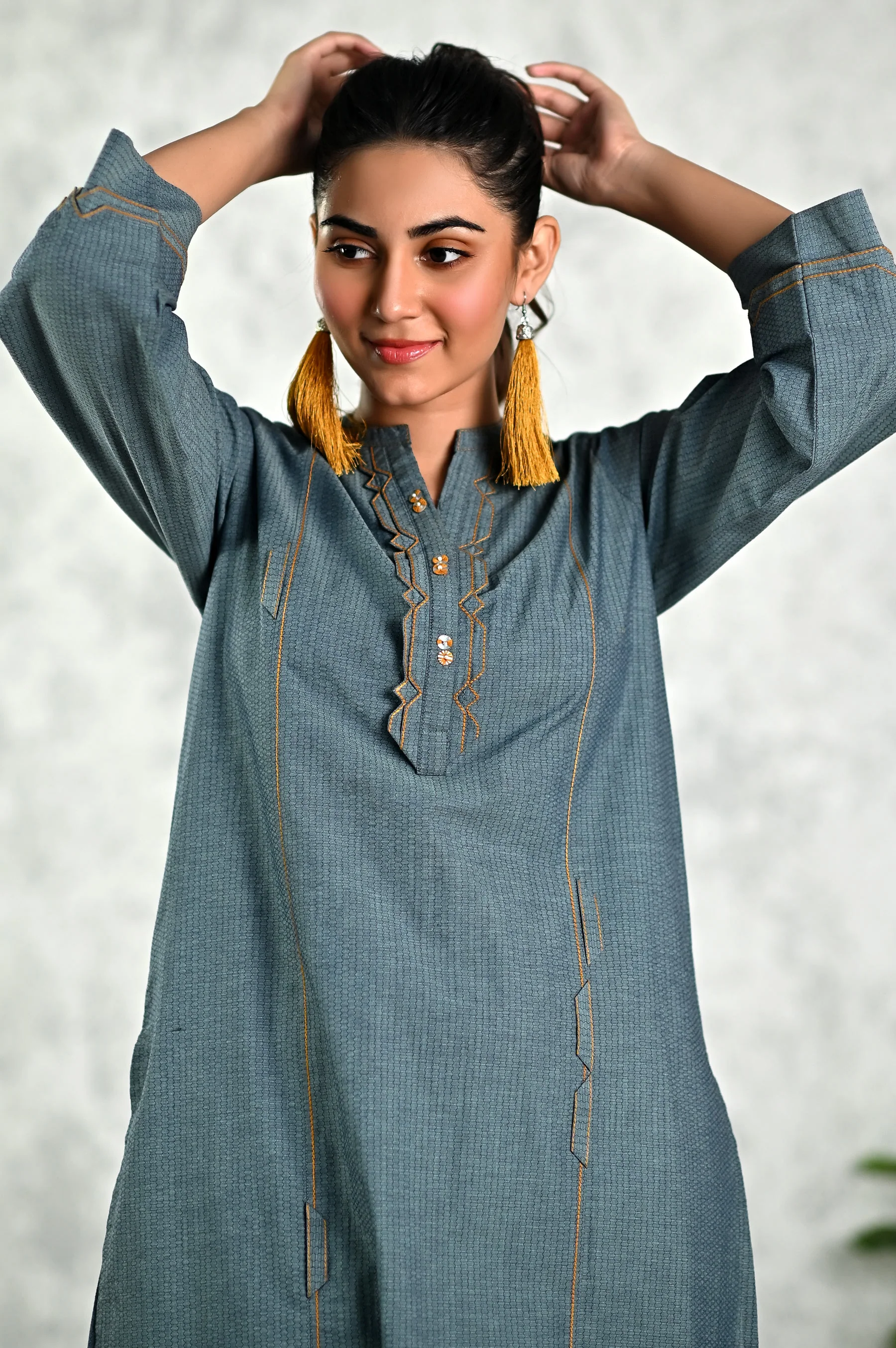 Stitched 1 Piece Embellished Yarn Dyed Textured Shirt - Image 3