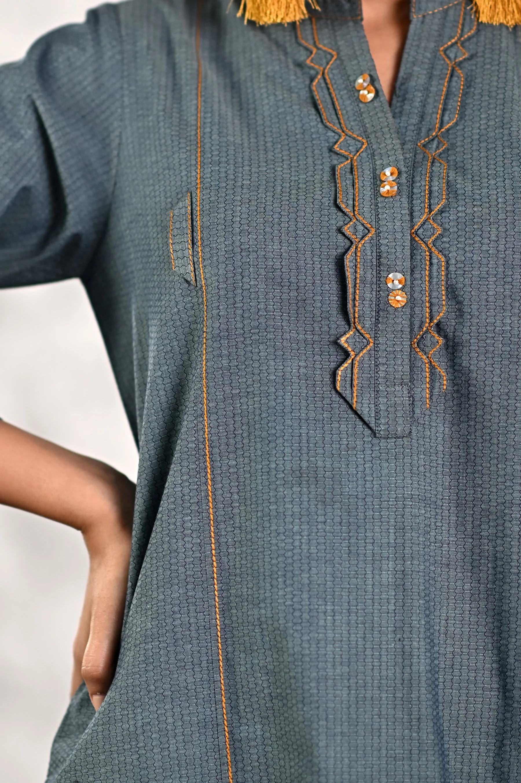 Stitched 1 Piece Embellished Yarn Dyed Textured Shirt - Image 5