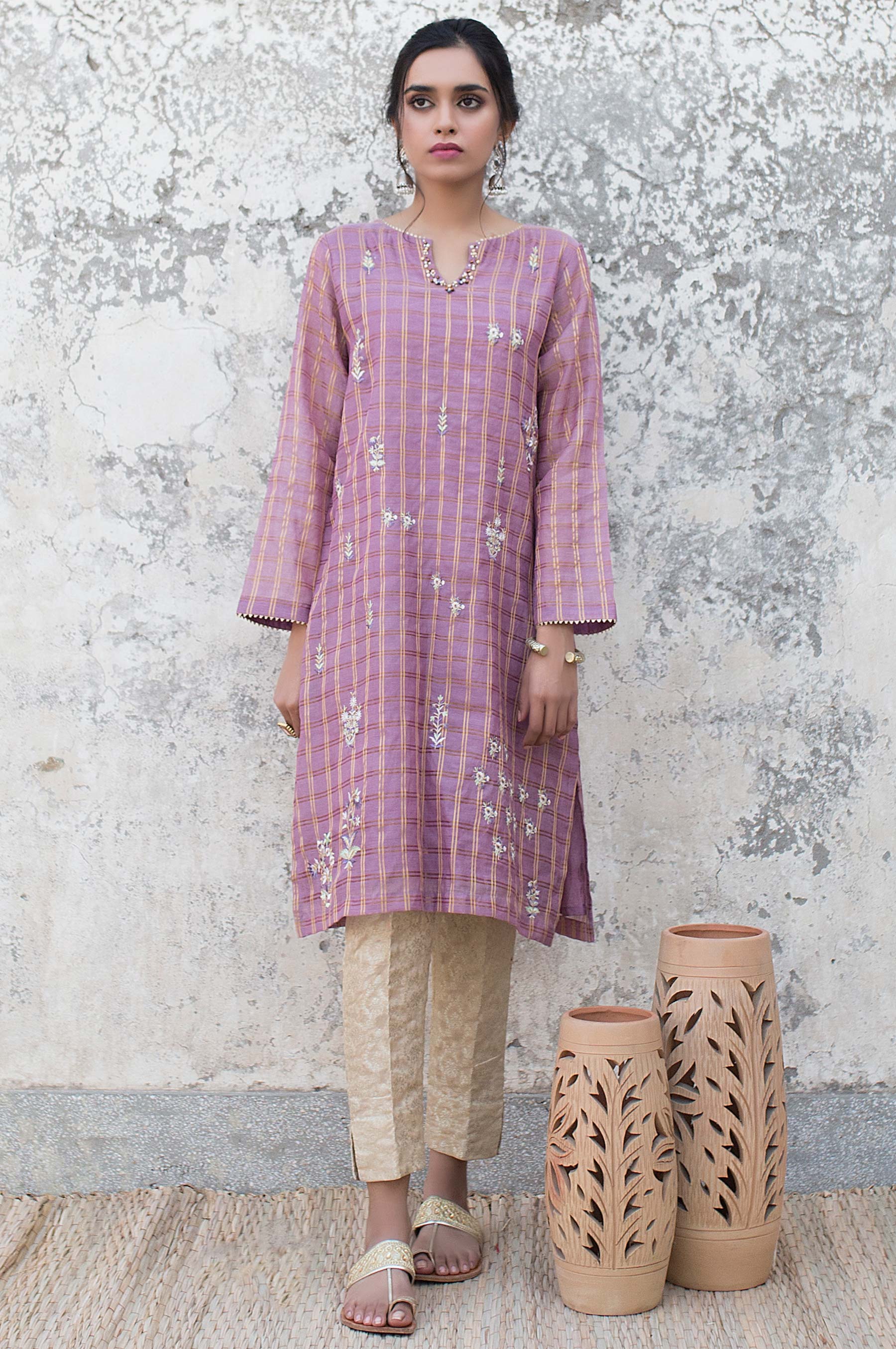 Stitched 1 Piece Zari Check Embroidered Shirt