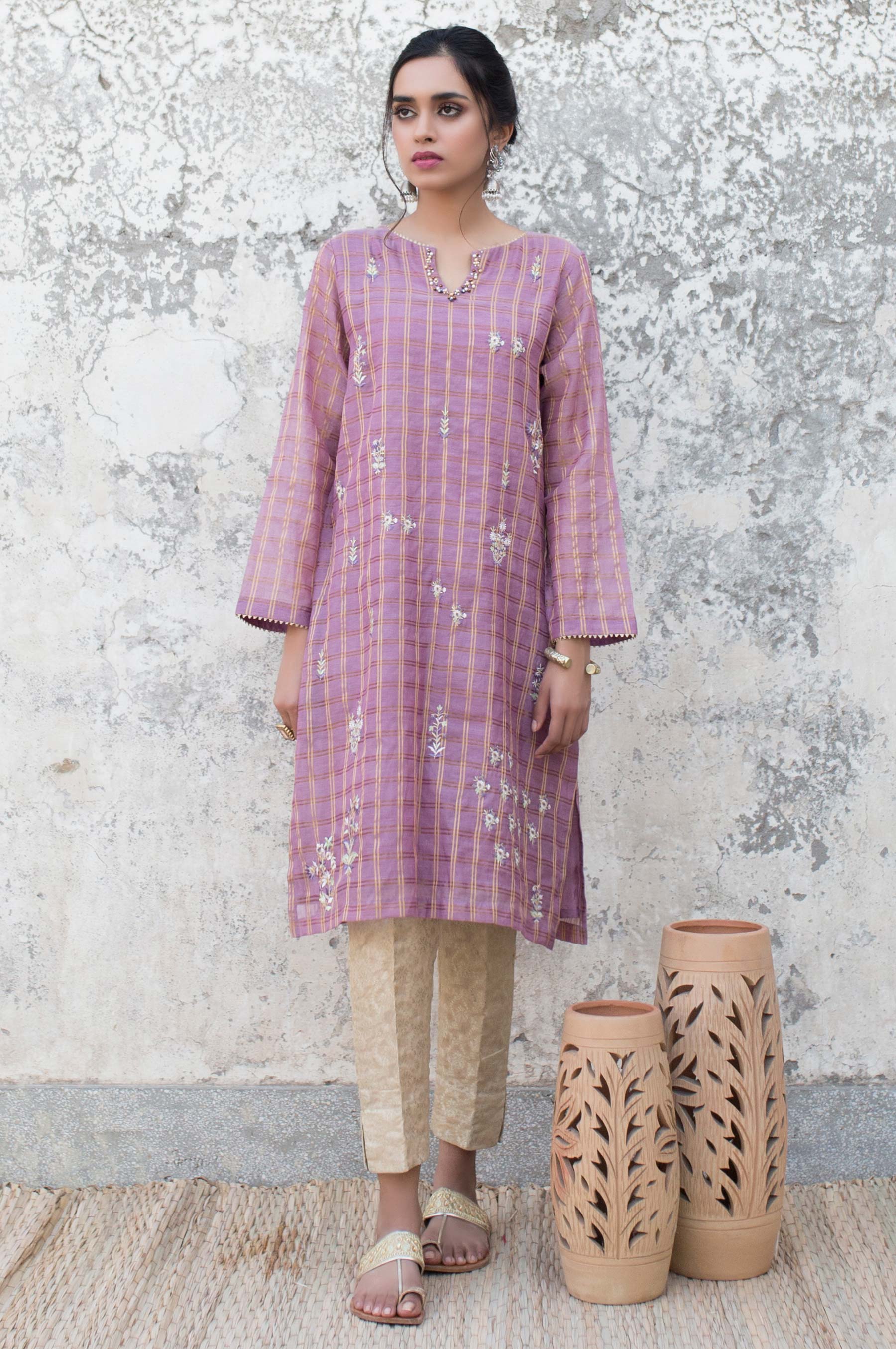 Stitched 1 Piece Zari Check Embroidered Shirt - Image 4