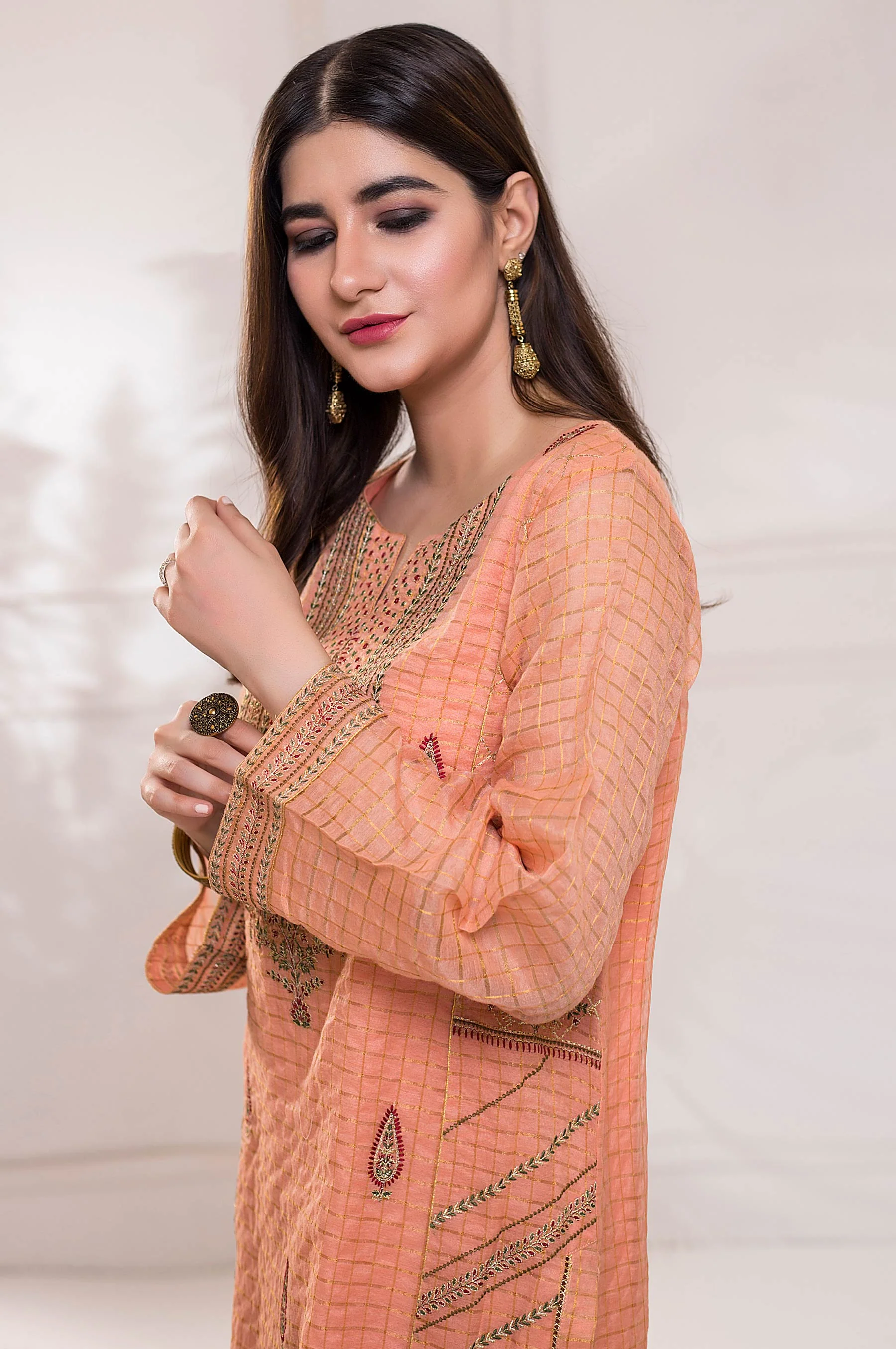 Stitched 1 Piece Zari Check Embroidered Shirt - Image 4