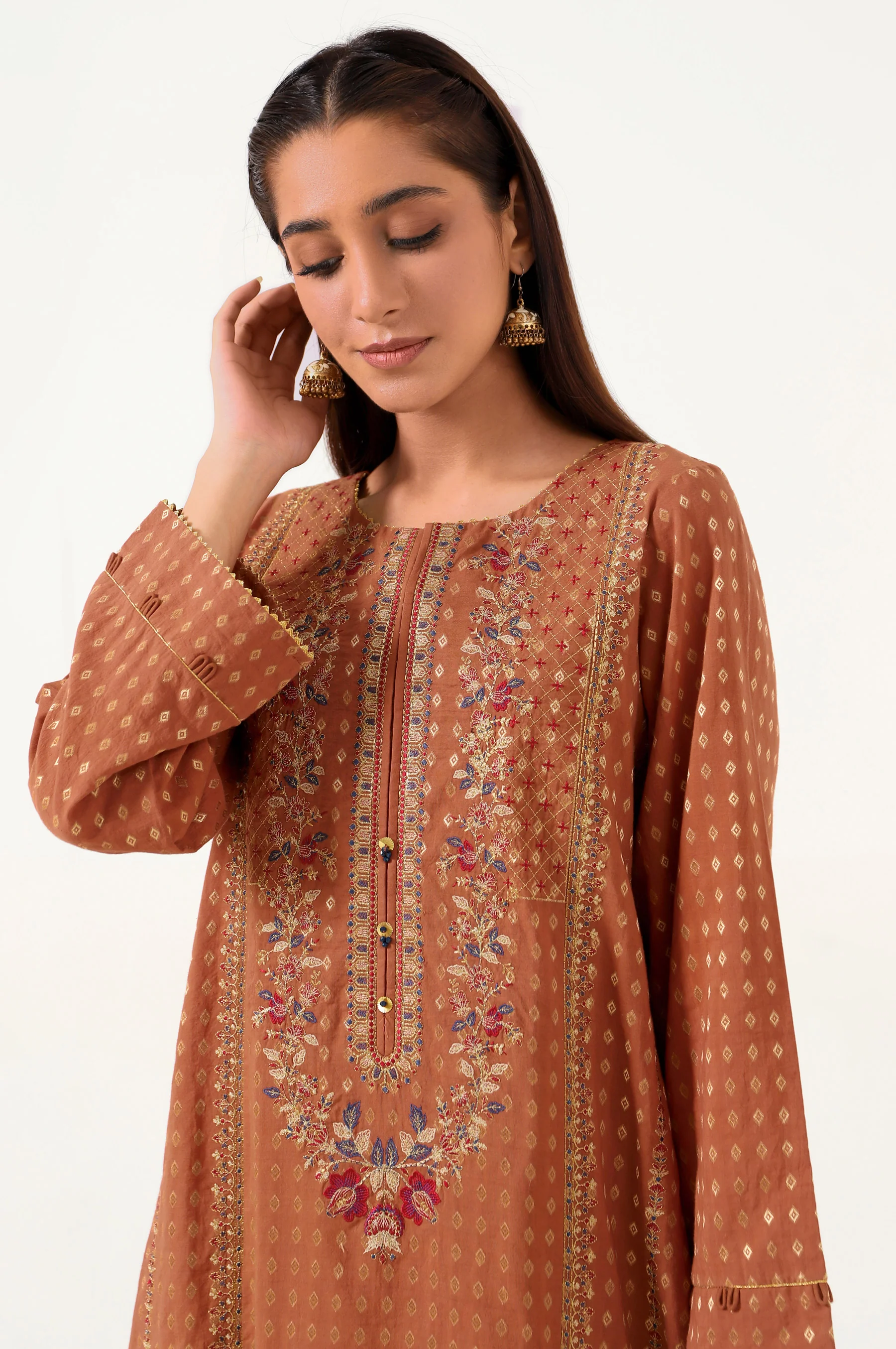 Stitched 2 Piece Cotton Jacquard Embroidered Suit - Image 4