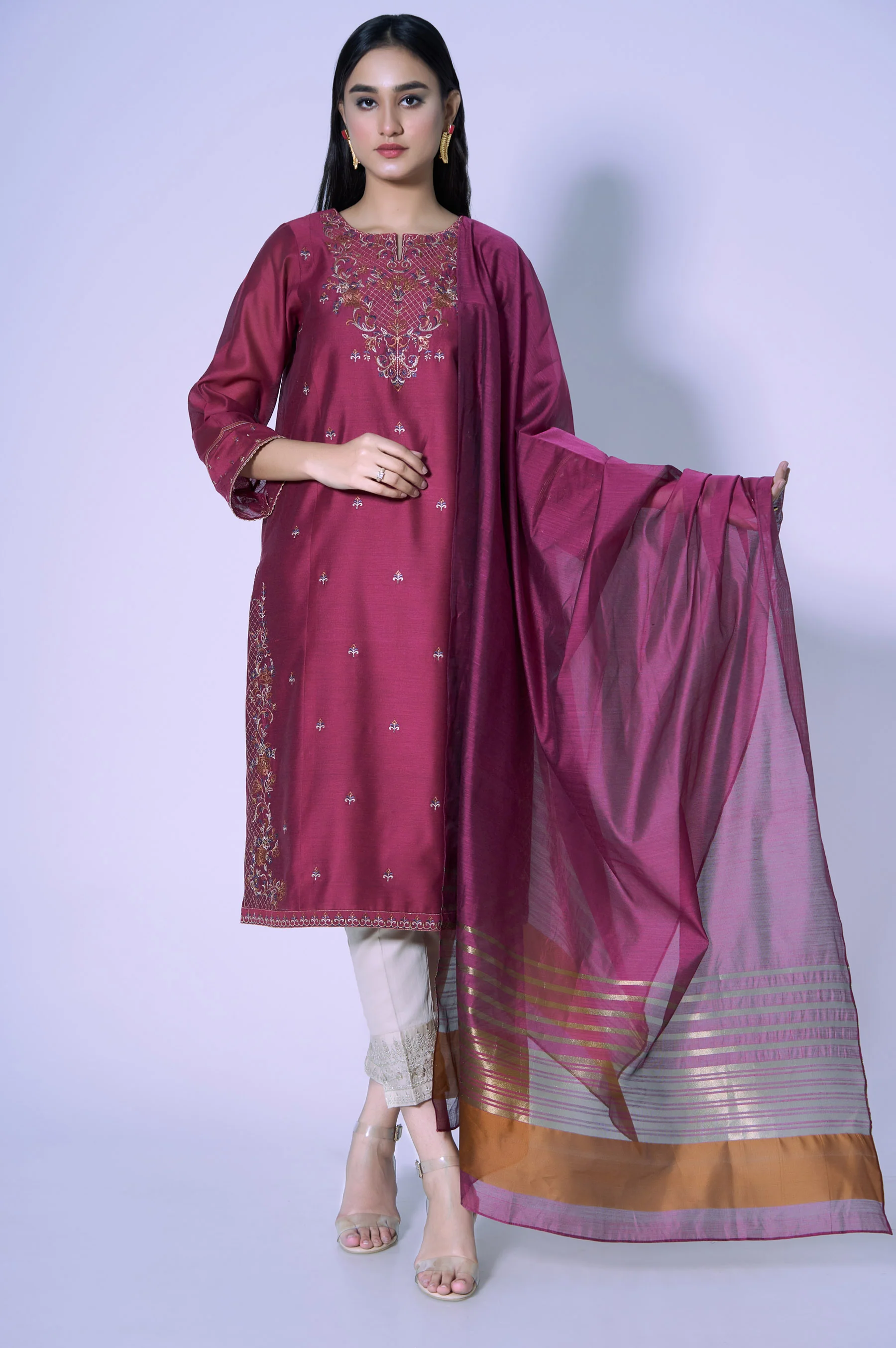 Stitched 2 Piece Cotton Net Embroidered Outfit - Image 4