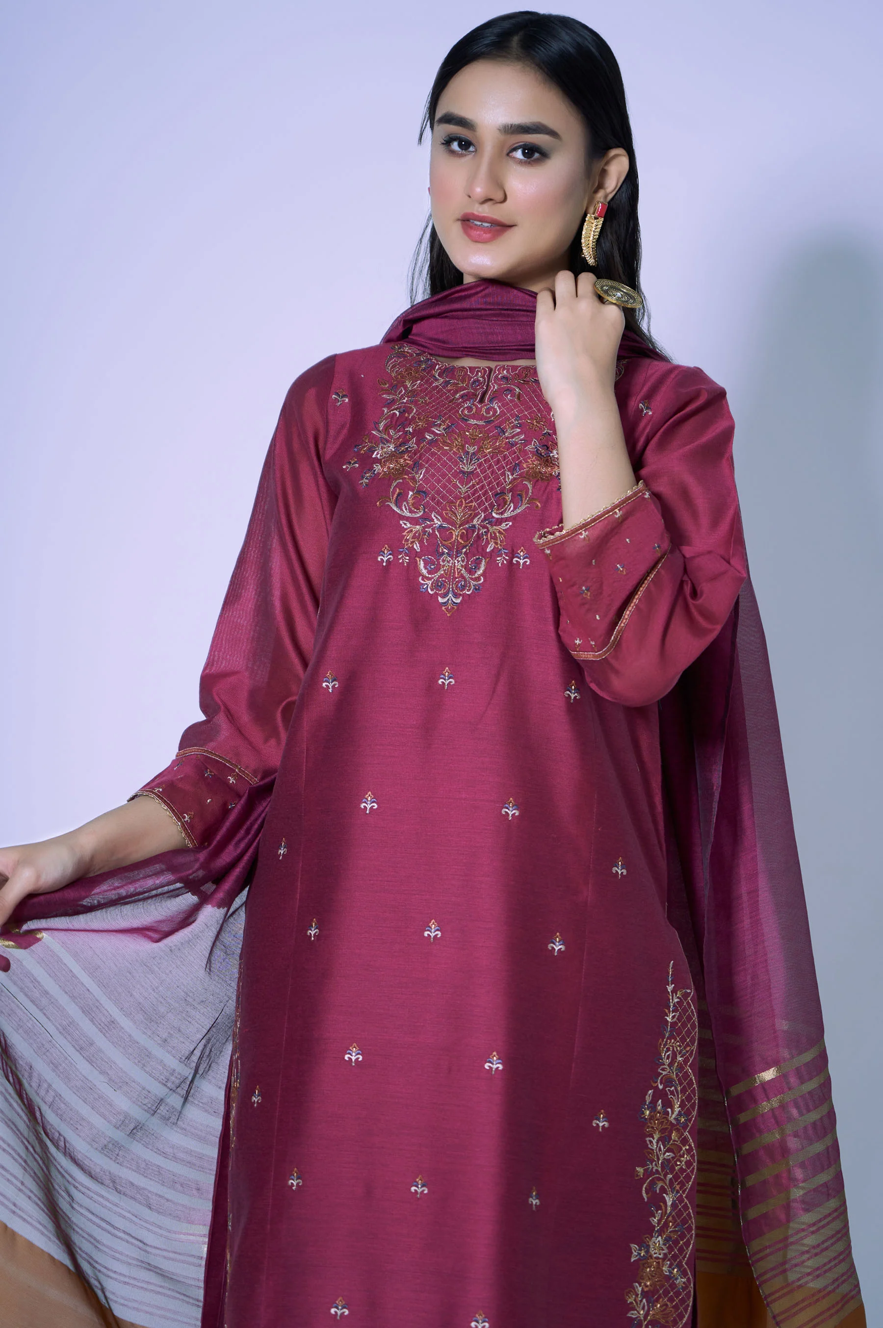 Stitched 2 Piece Cotton Net Embroidered Outfit - Image 6