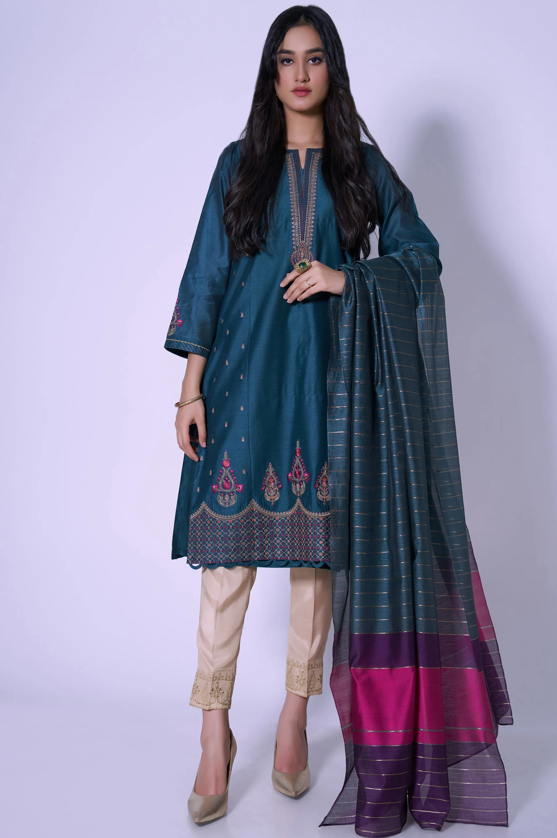 Stitched 2 Piece Cotton Net Embroidered Outfit - Image 2