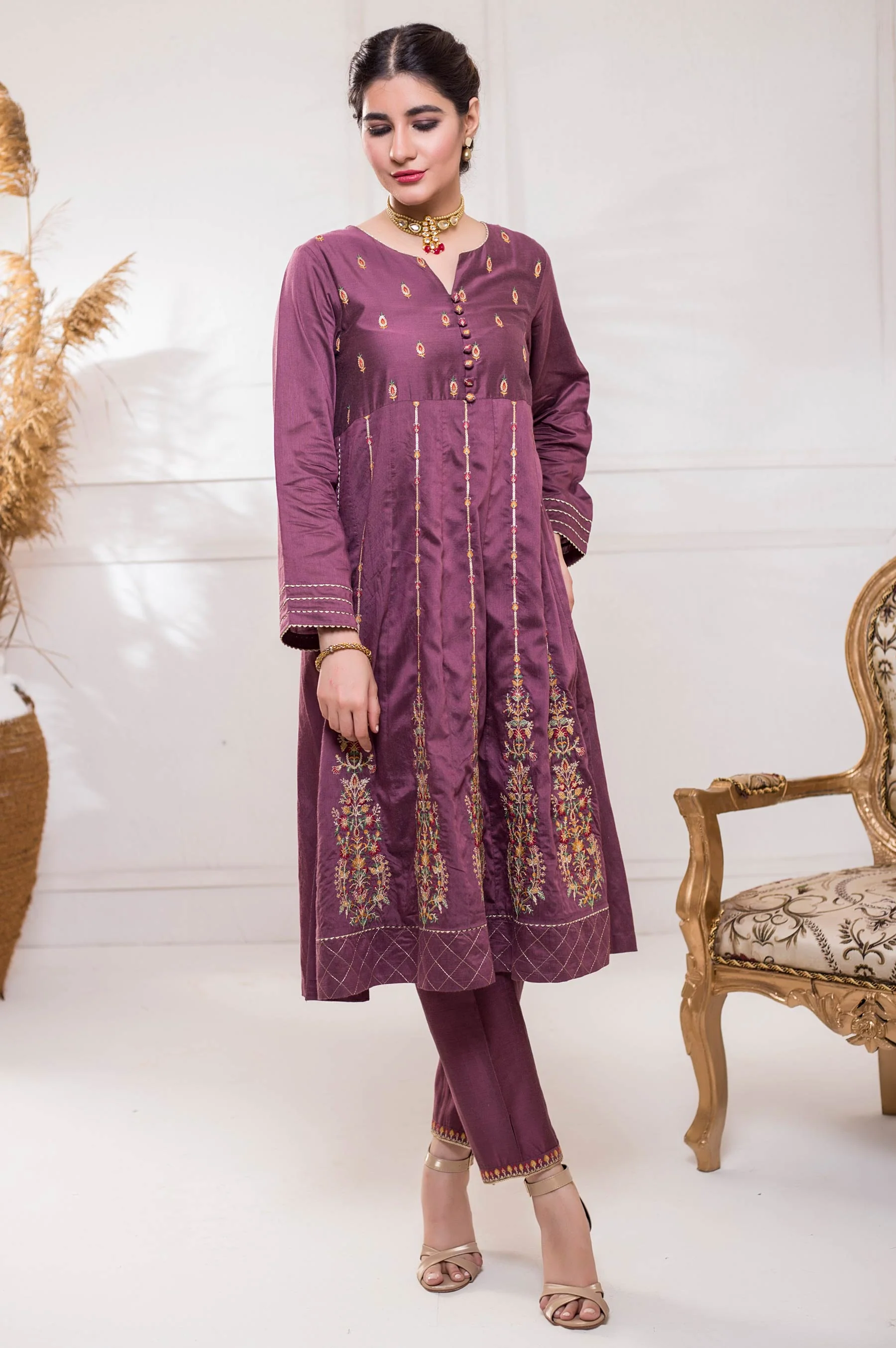 Stitched 2 Piece Cotton Silk Embroidered Suit - Image 2