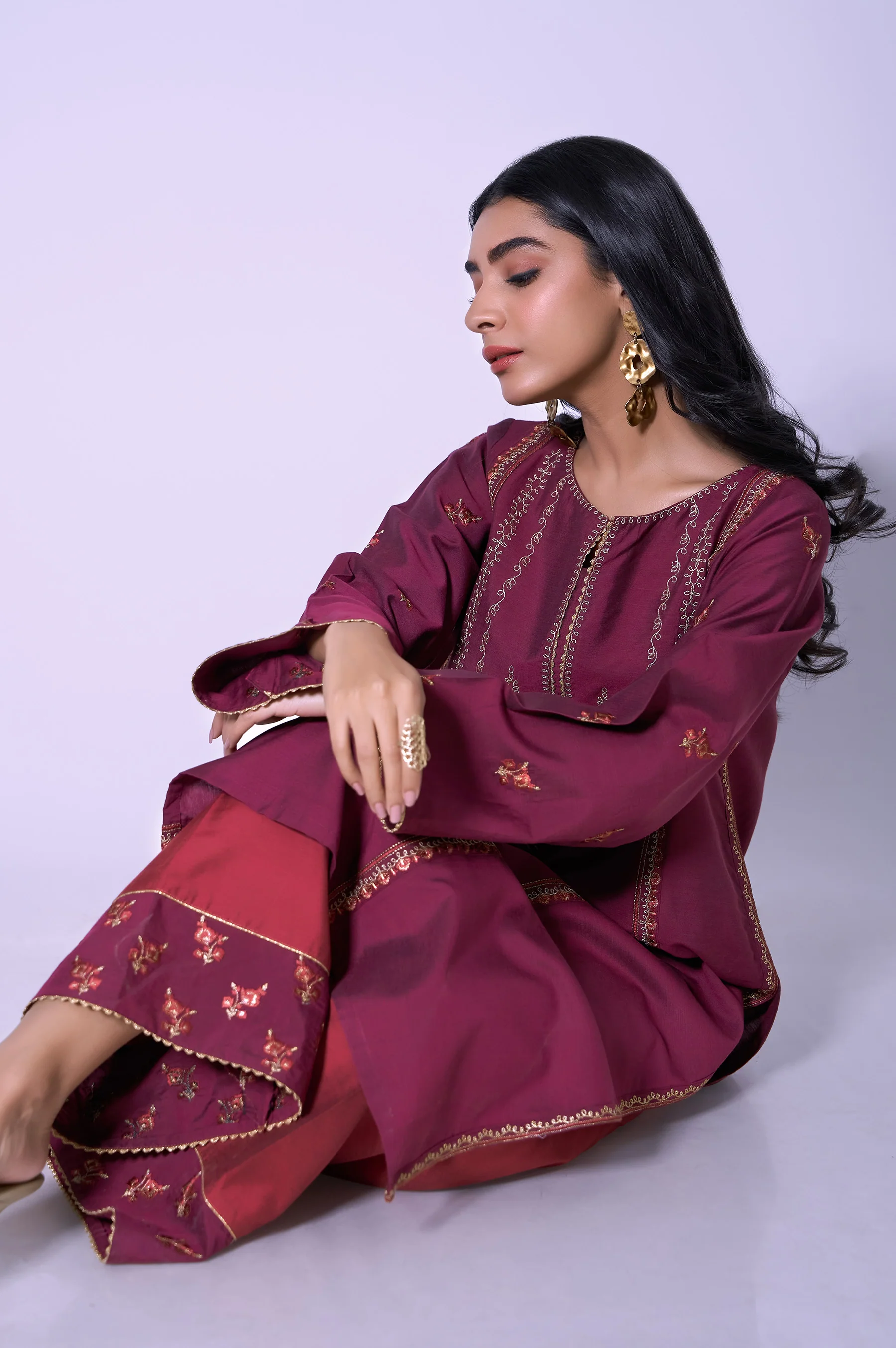 Stitched 2 Piece Cotton Silk Embroidered Outfit - Image 2
