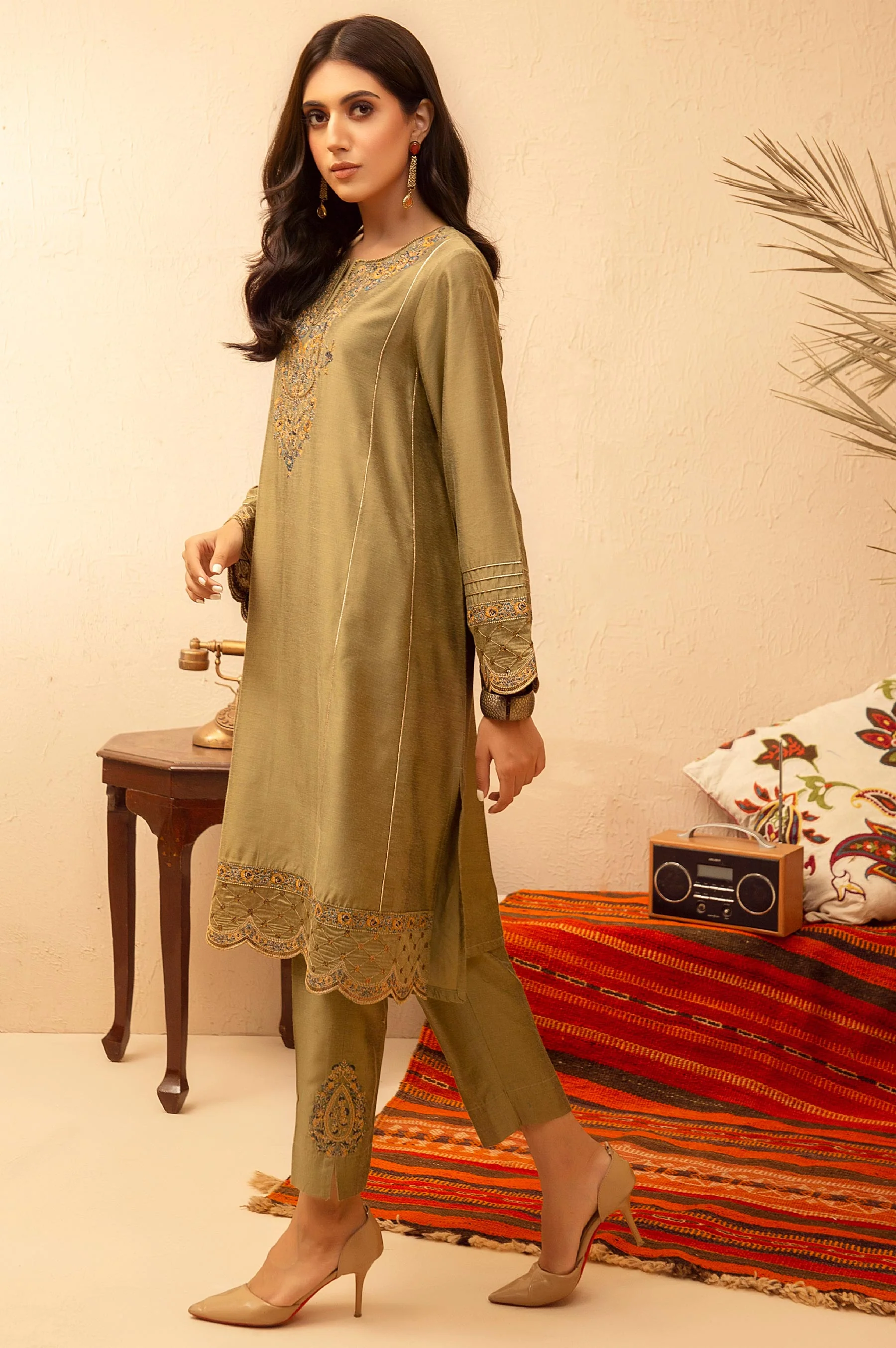 Stitched 2 Piece Cotton Silk Embroidered Suit - Image 3