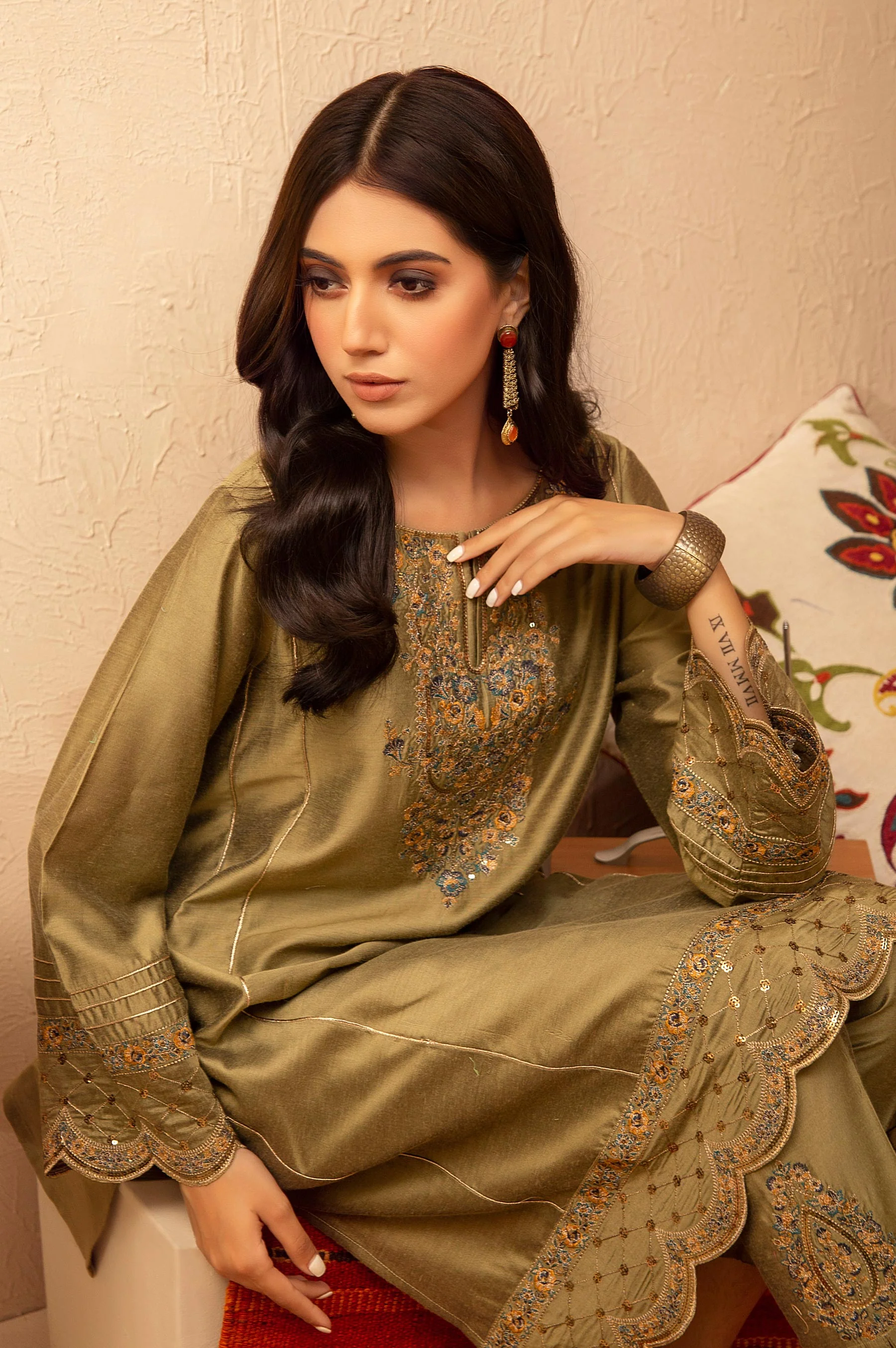 Stitched 2 Piece Cotton Silk Embroidered Suit - Image 4