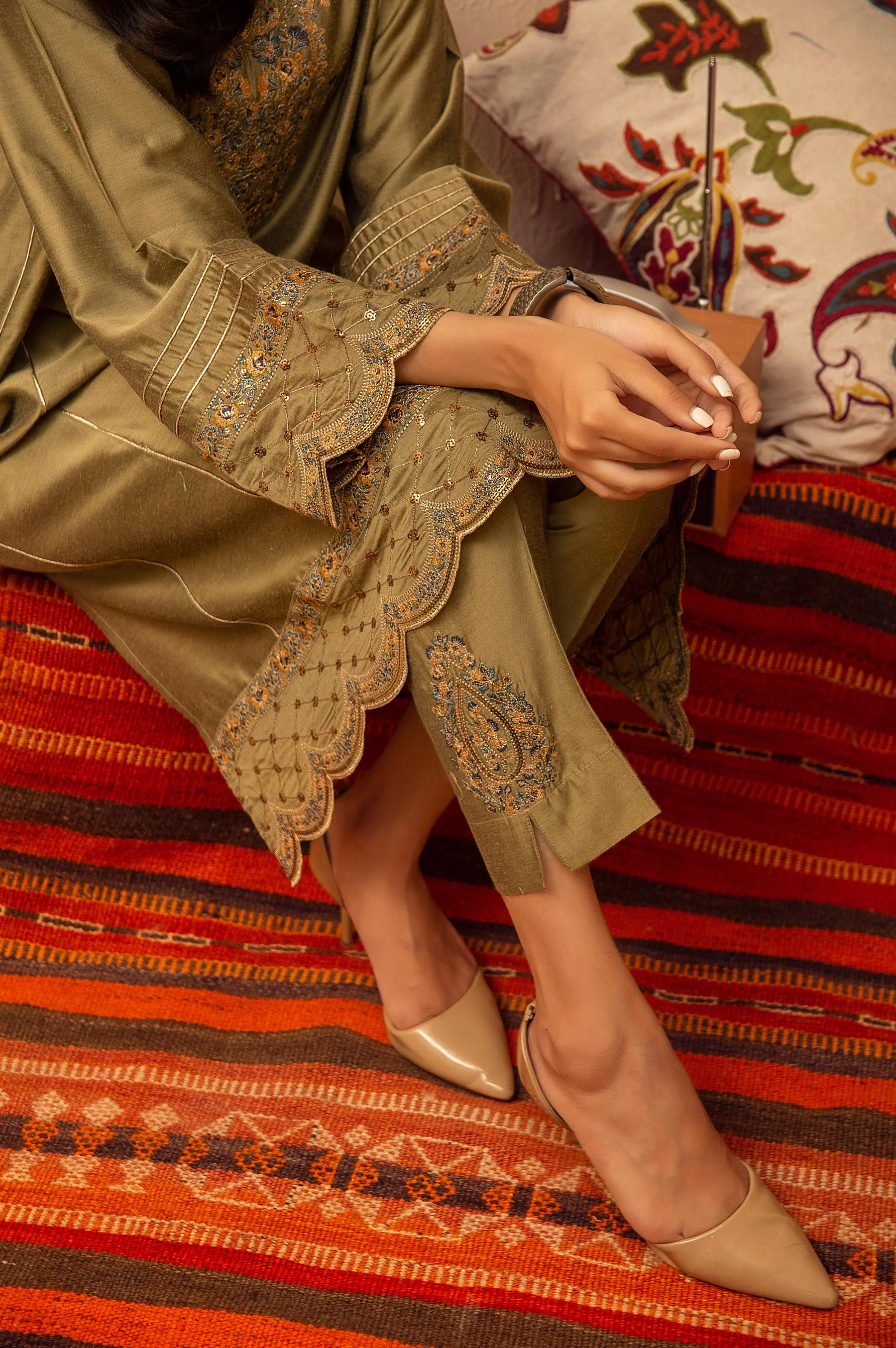 Stitched 2 Piece Cotton Silk Embroidered Suit - Image 5