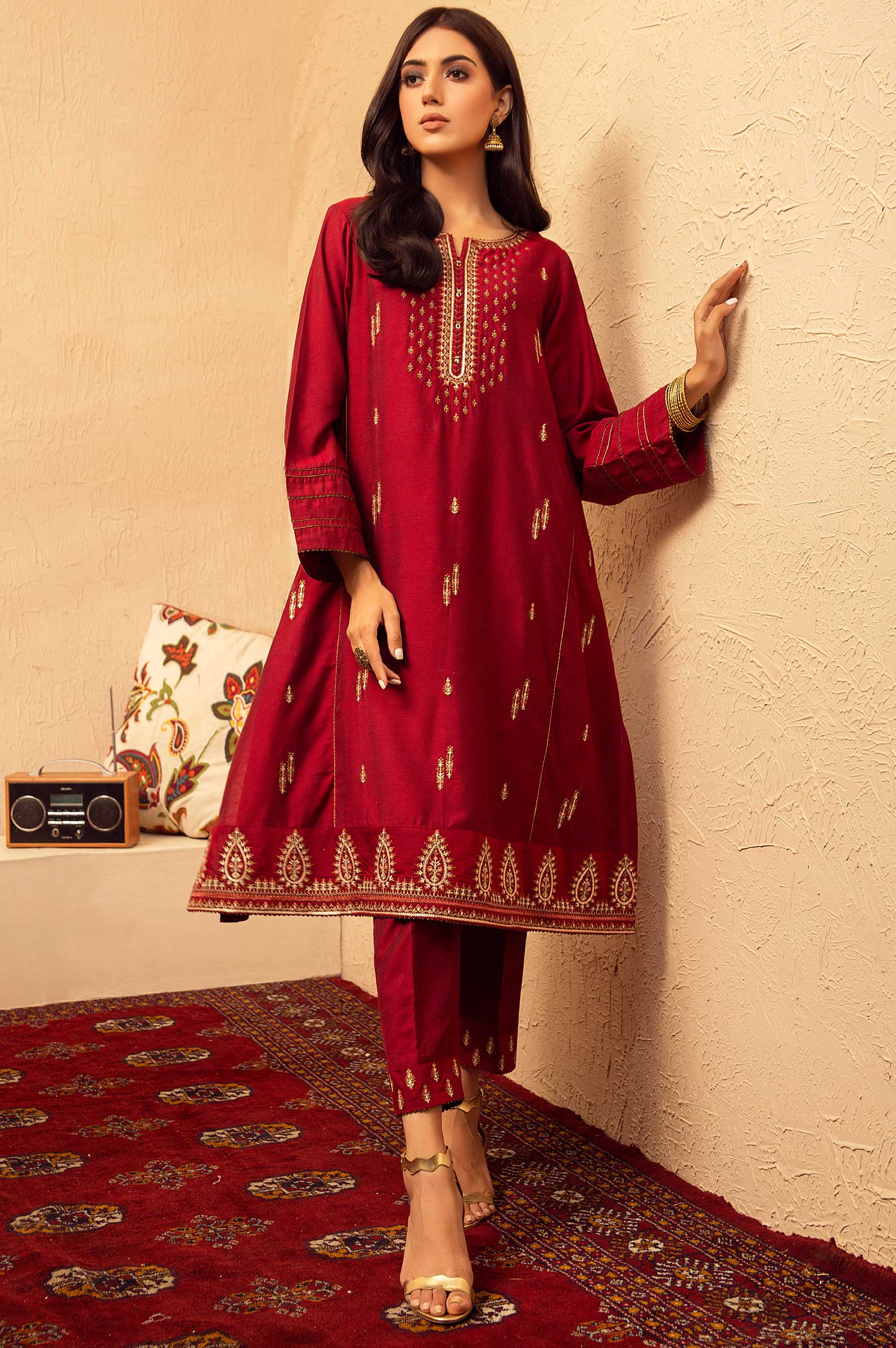 Stitched 2 Piece Cotton Silk Embroidered Suit - Image 2