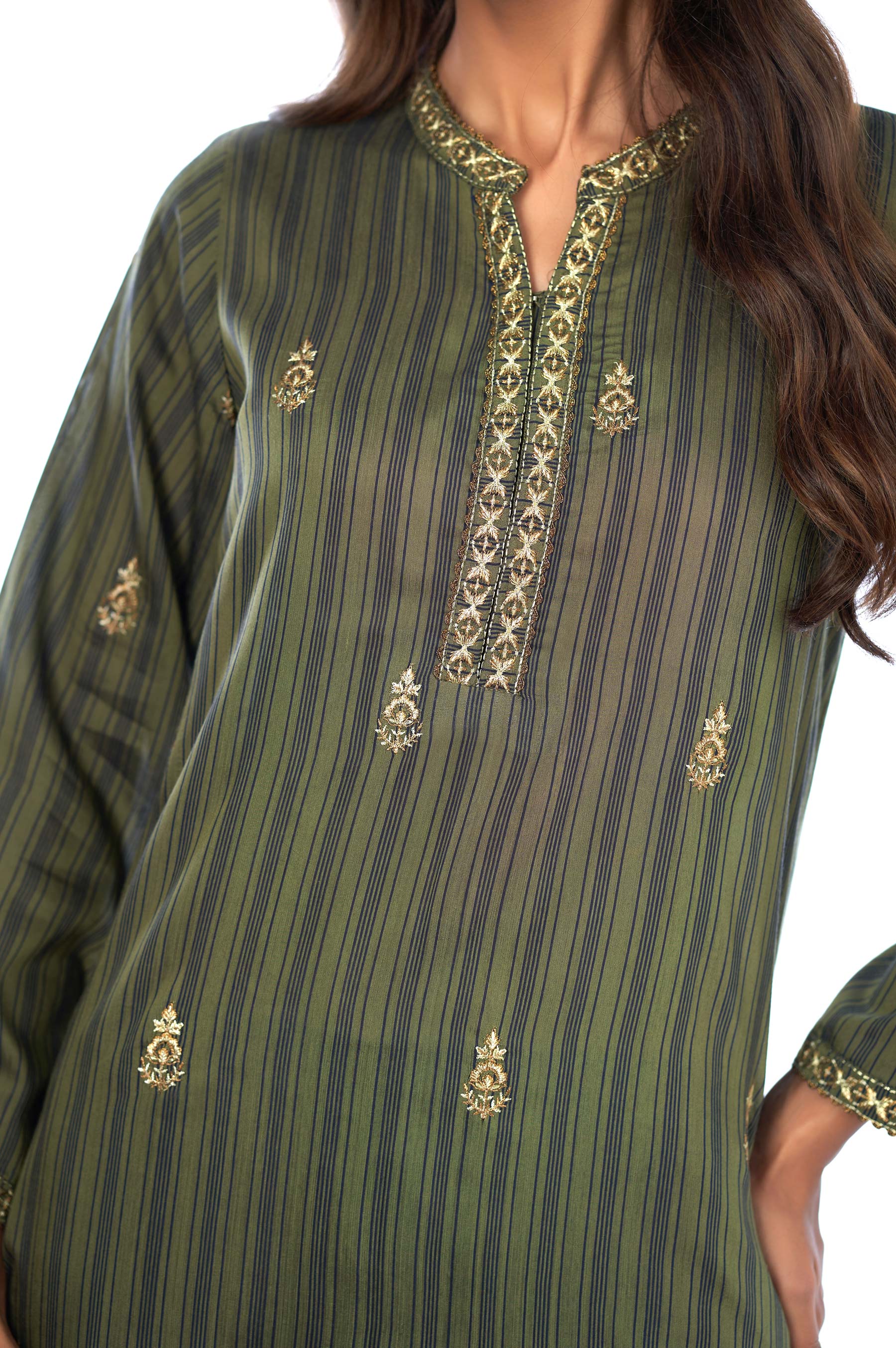 Stitched 2 Piece Cotton Silk Embroidered Outift - Image 5