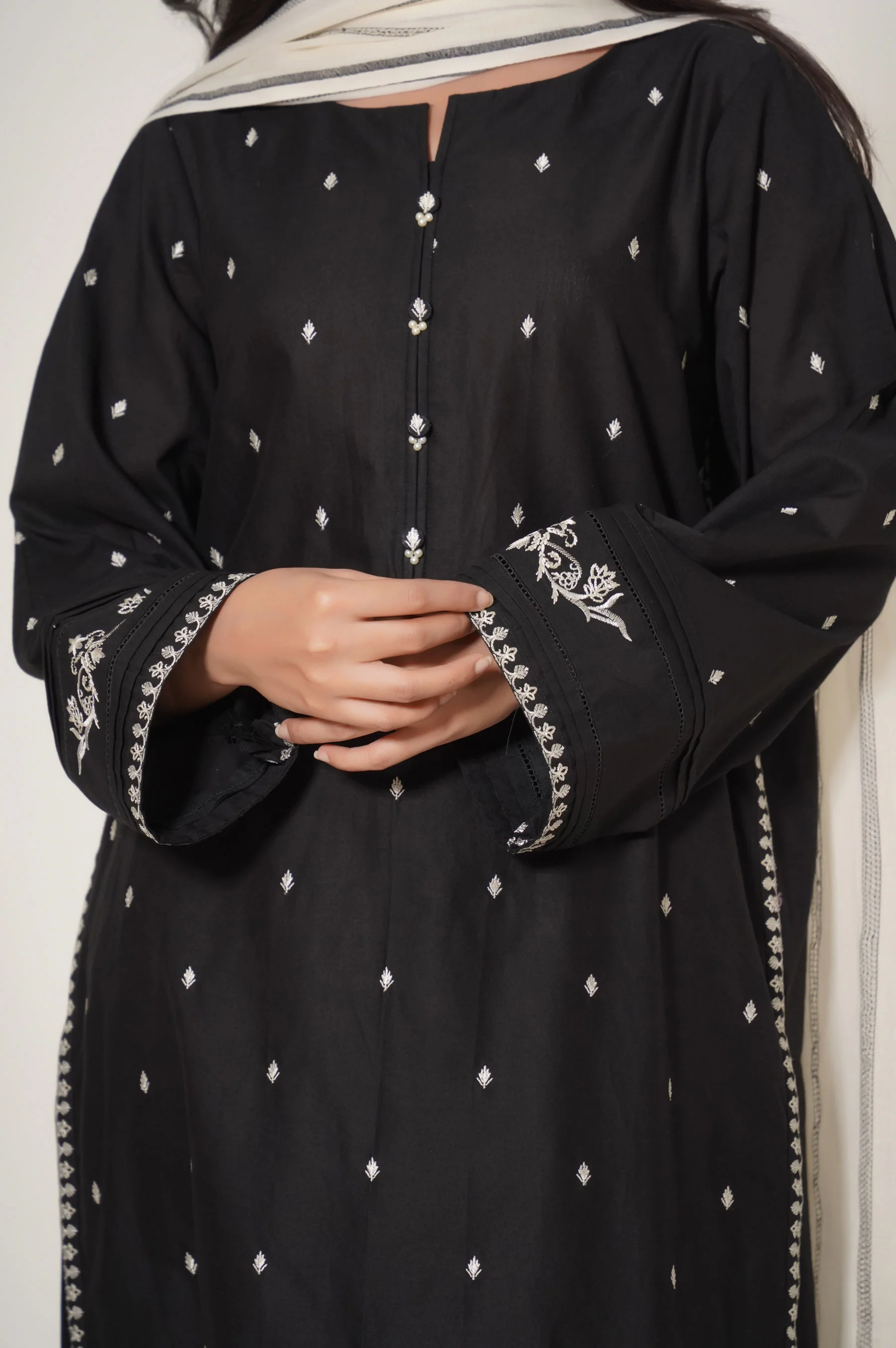 Stitched 2 Piece Cotton Slub Embroidered Suit - Image 5