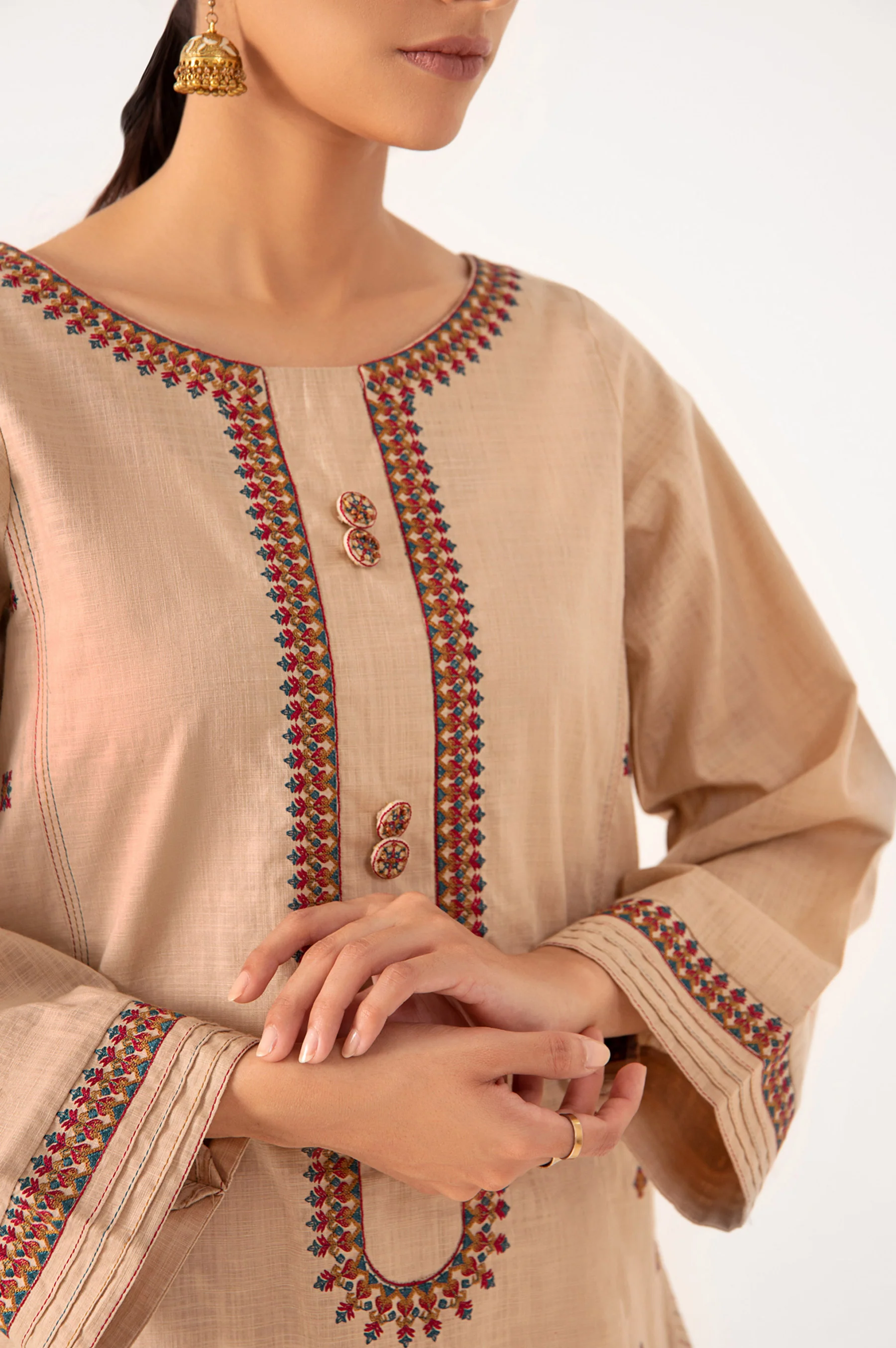 Stitched 2 Piece Embroidered Cotton Slub Suit - Image 5
