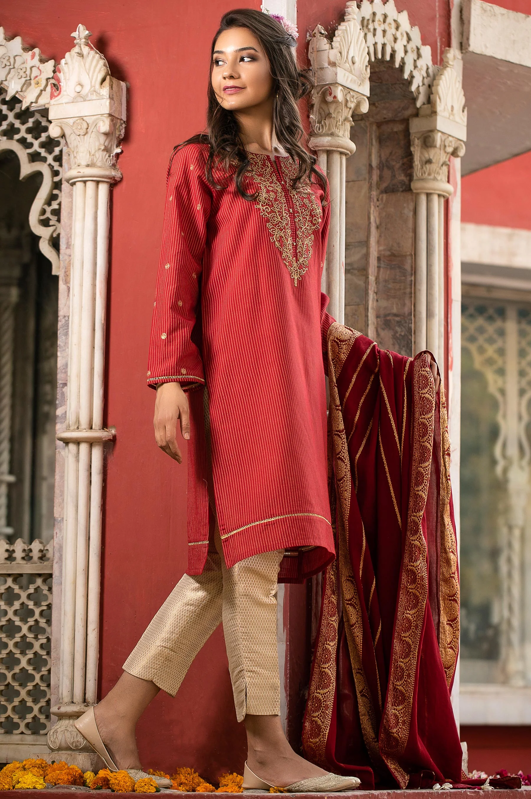 Stitched 2 Piece Cotton Zari Embroidered Suit - Image 2