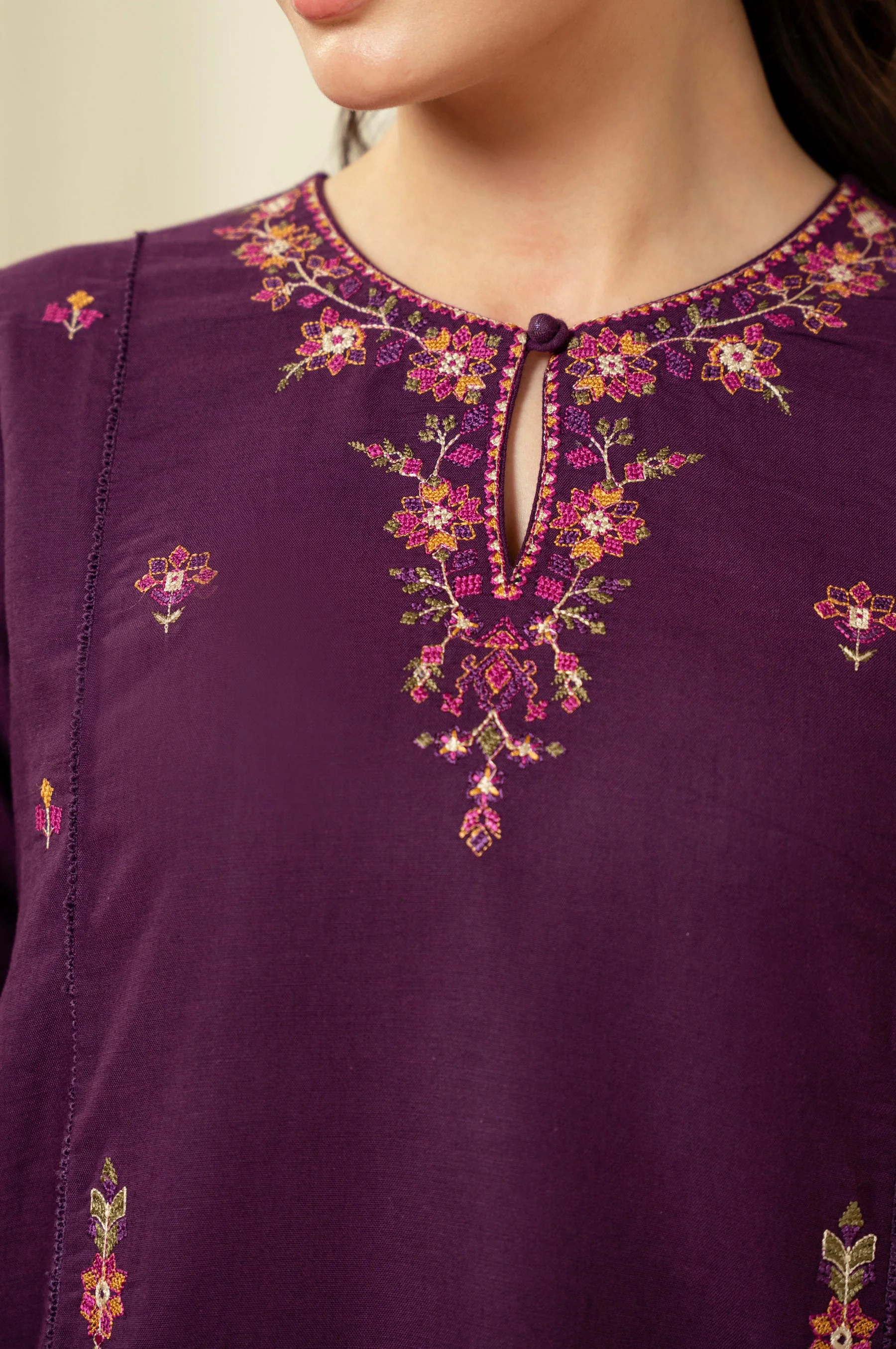 EMBROIDERED COTTON LINEN STITCHED SHIRT BOTTOM - Image 2