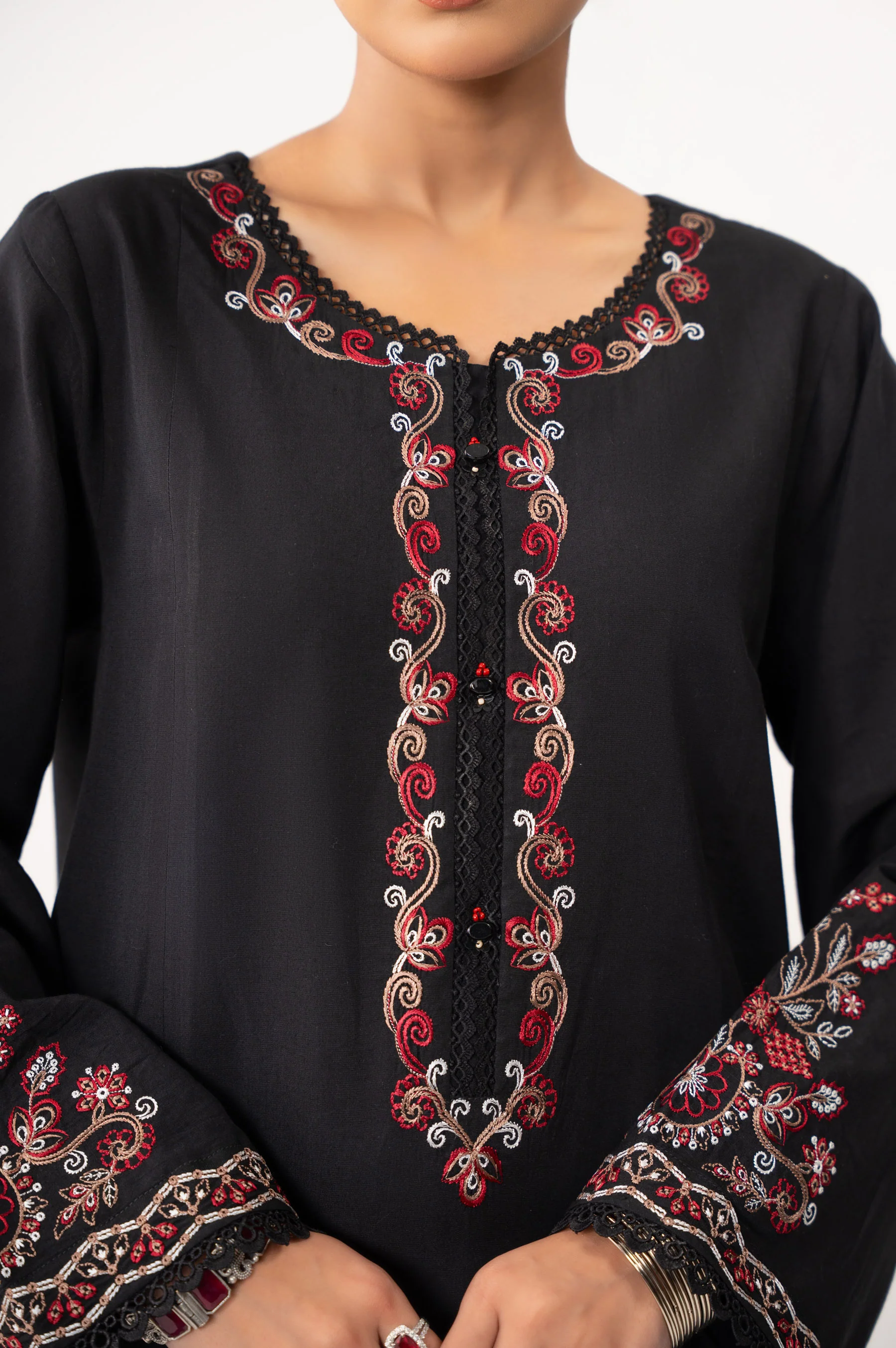 STITCHED EMBROIDERED COTTON LINEN VISCOSE SHIRT BOTTOM - Image 2