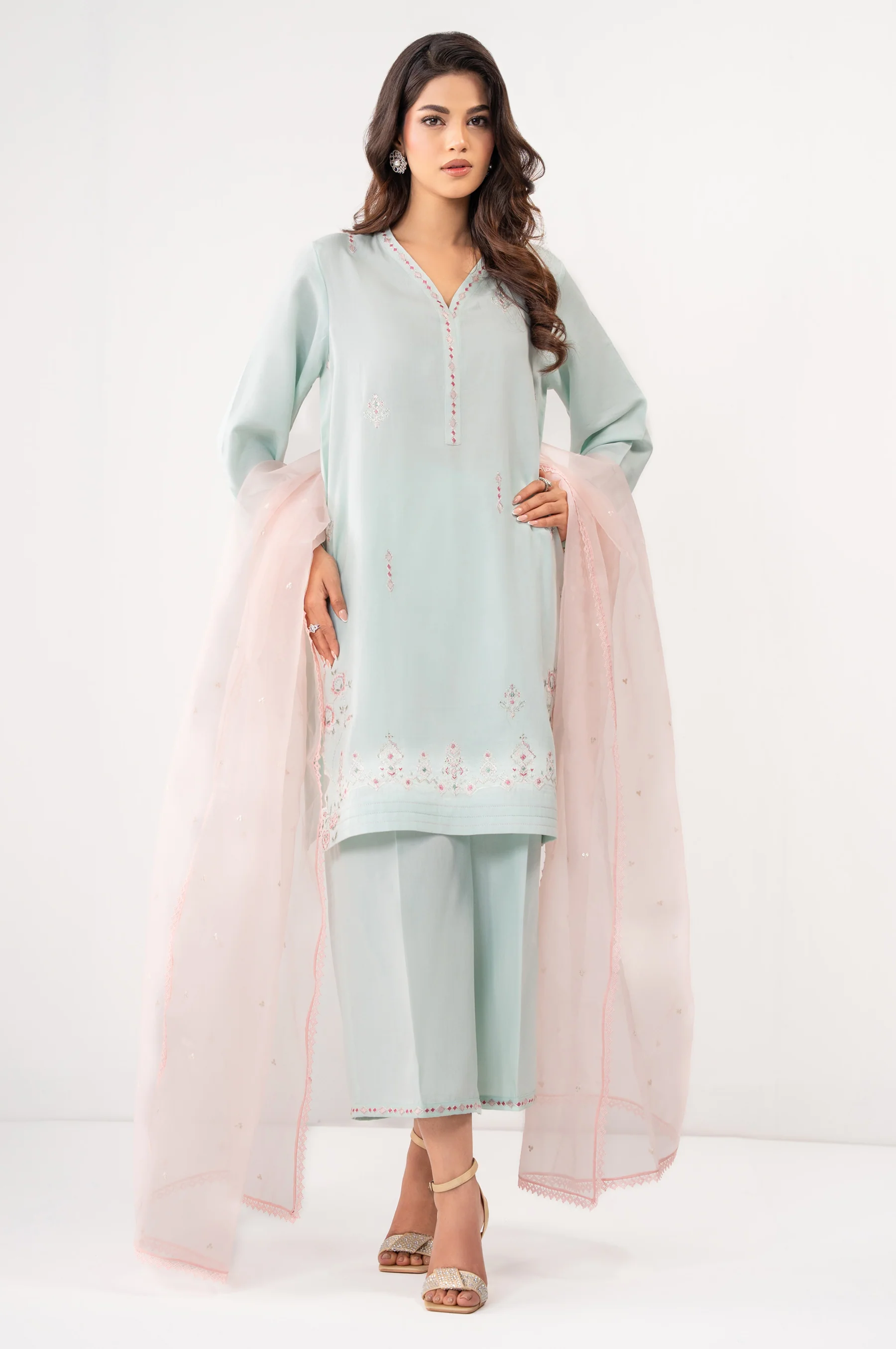 STITCHED EMBROIDERED COTTON SATIN SHIRT BOTTOM