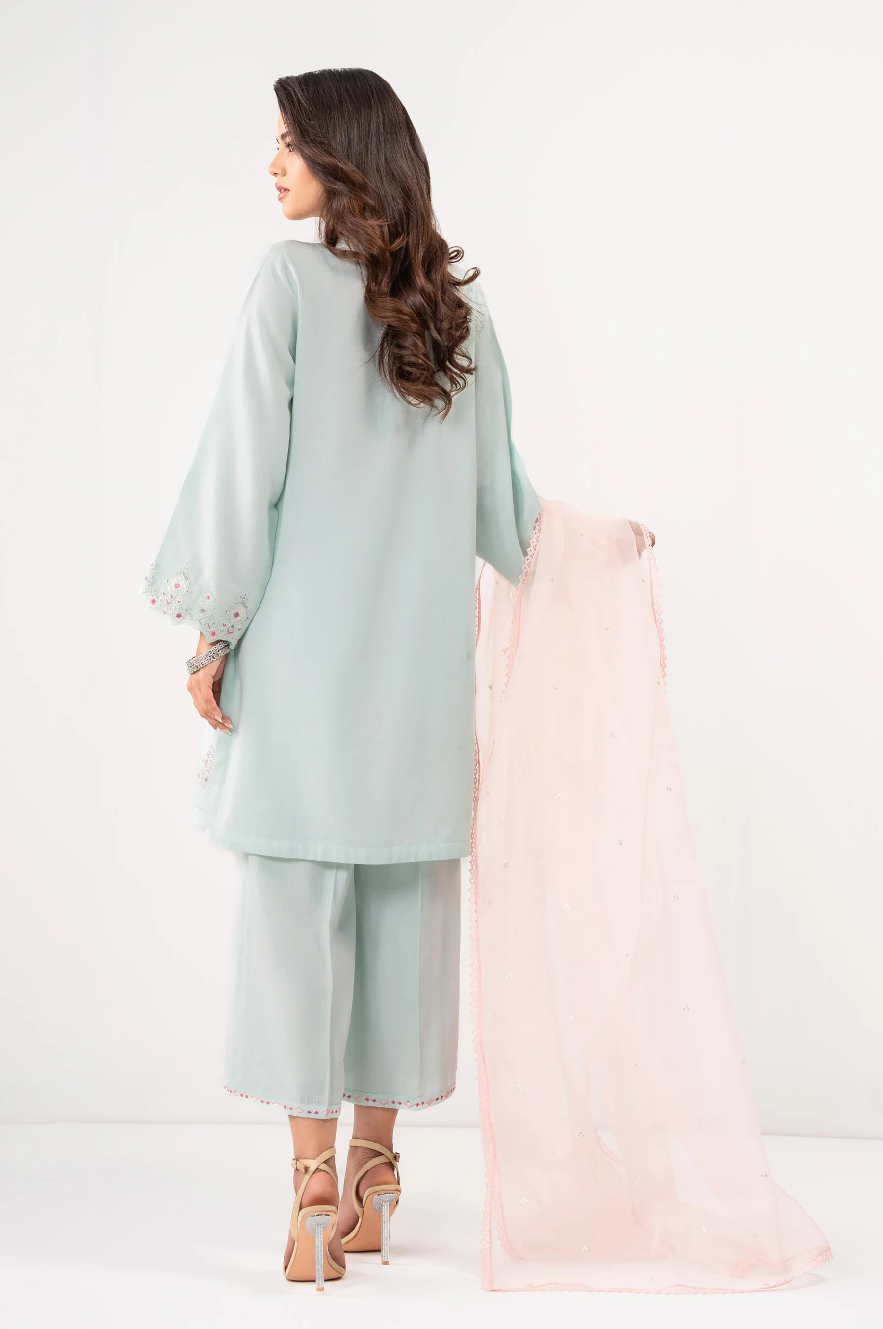 STITCHED EMBROIDERED COTTON SATIN SHIRT BOTTOM - Image 3