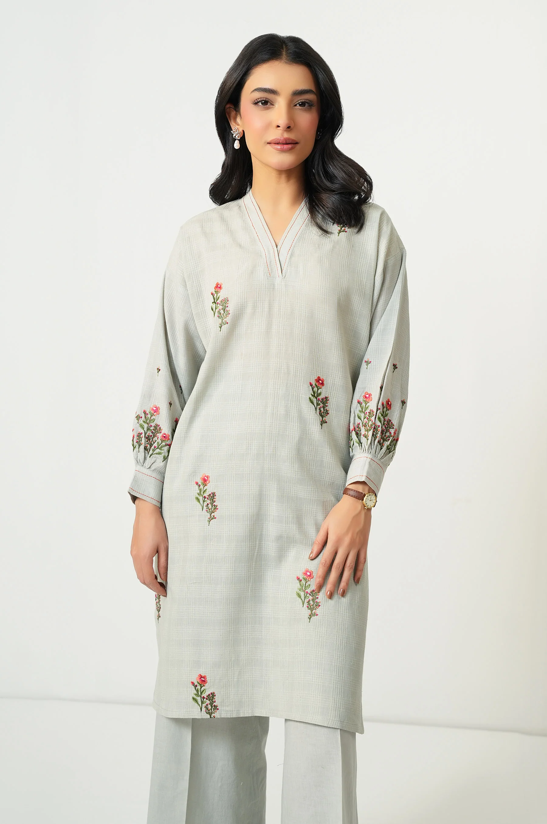 STITCHED EMBROIDERED TETRA CHECKS SHIRT BOTTOM - Image 2