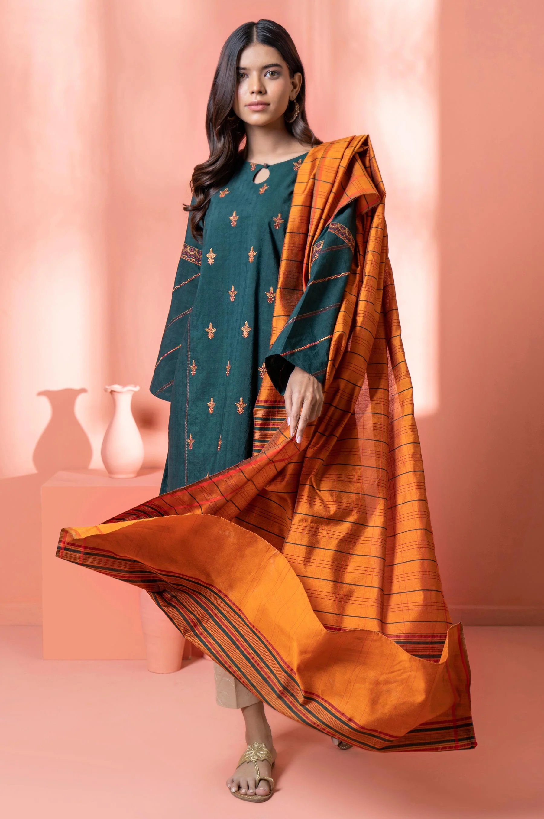 Stitched 2 Piece Embroidered Dobby Shirt With Dupatta - Image 4