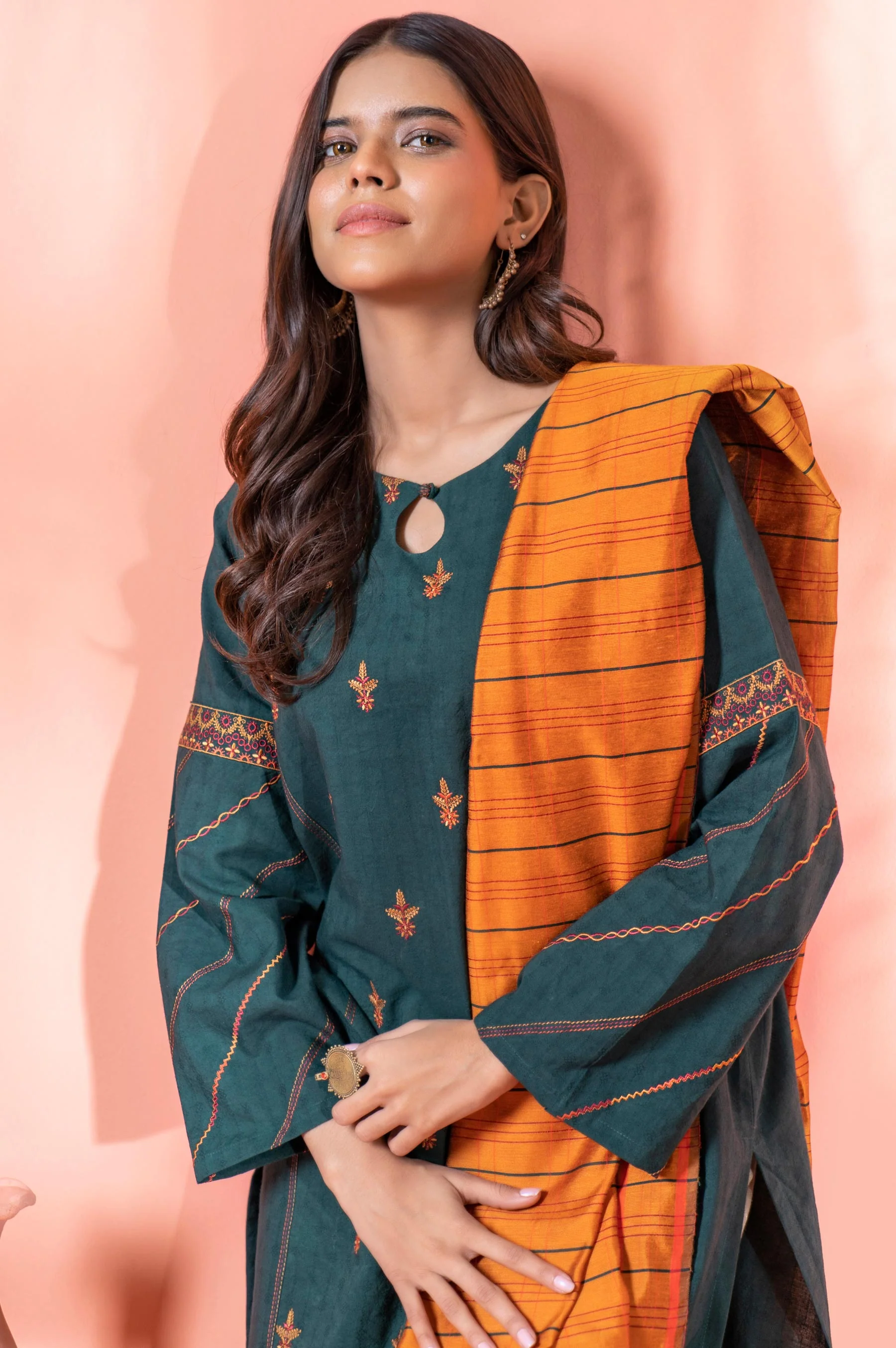Stitched 2 Piece Embroidered Dobby Shirt With Dupatta - Image 5