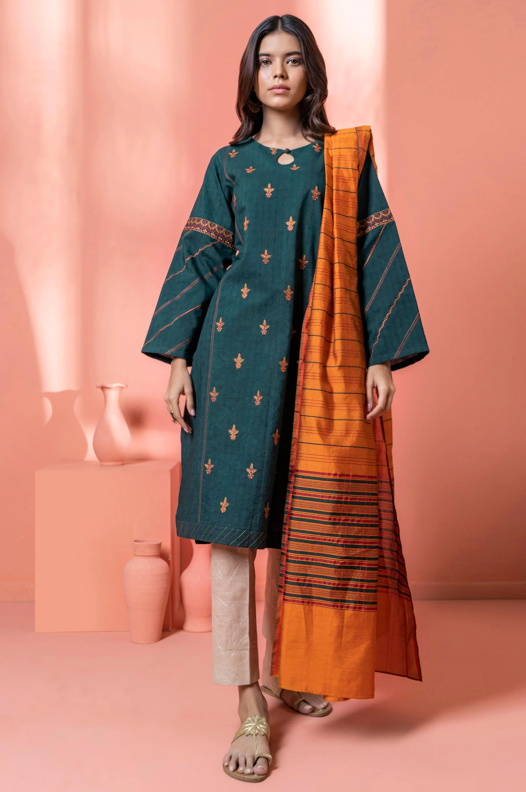Stitched 2 Piece Embroidered Dobby Shirt With Dupatta - Image 6