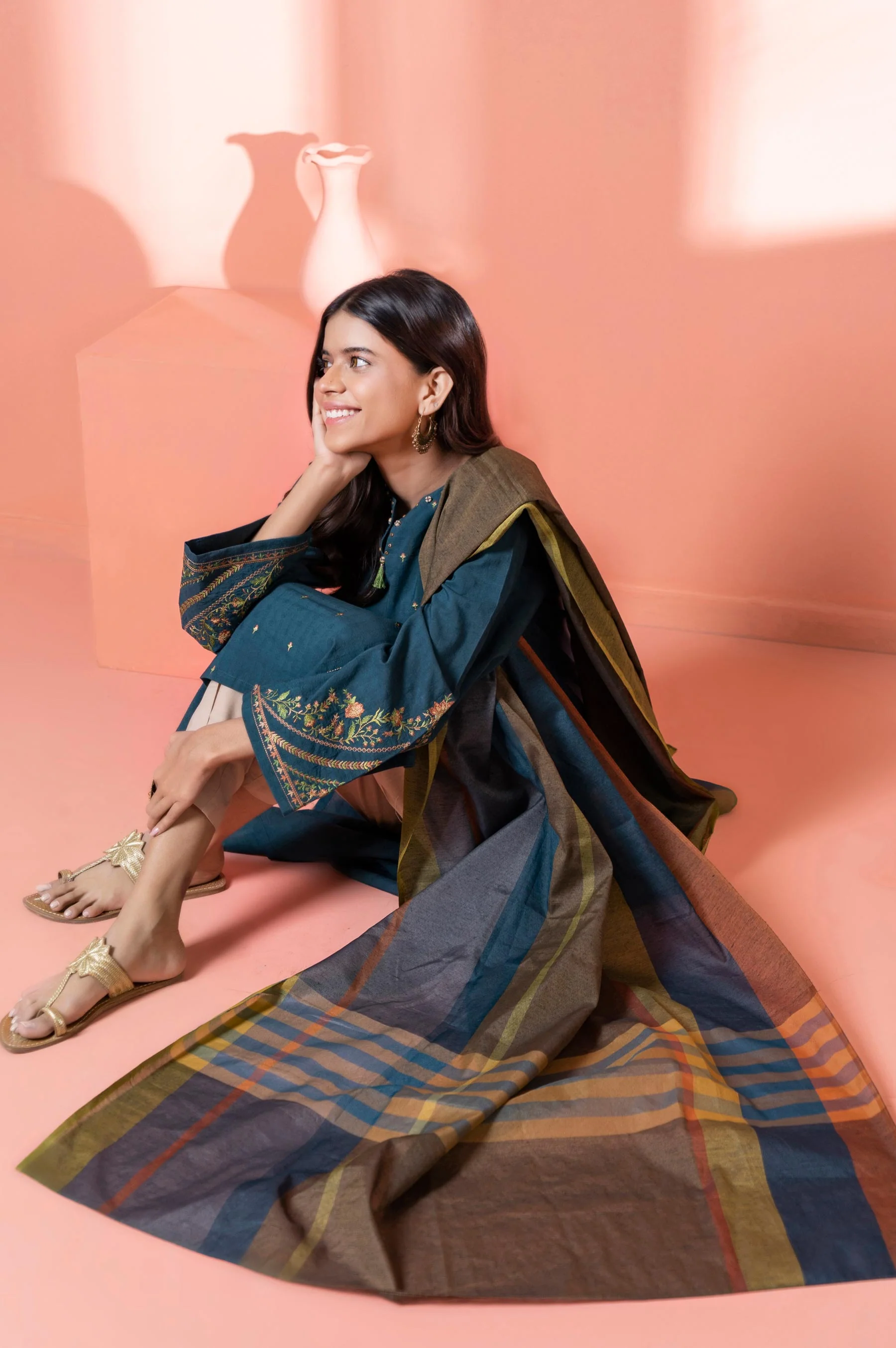 Stitched 2 Piece Embroidered Dobby Shirt With Dupatta - Image 4