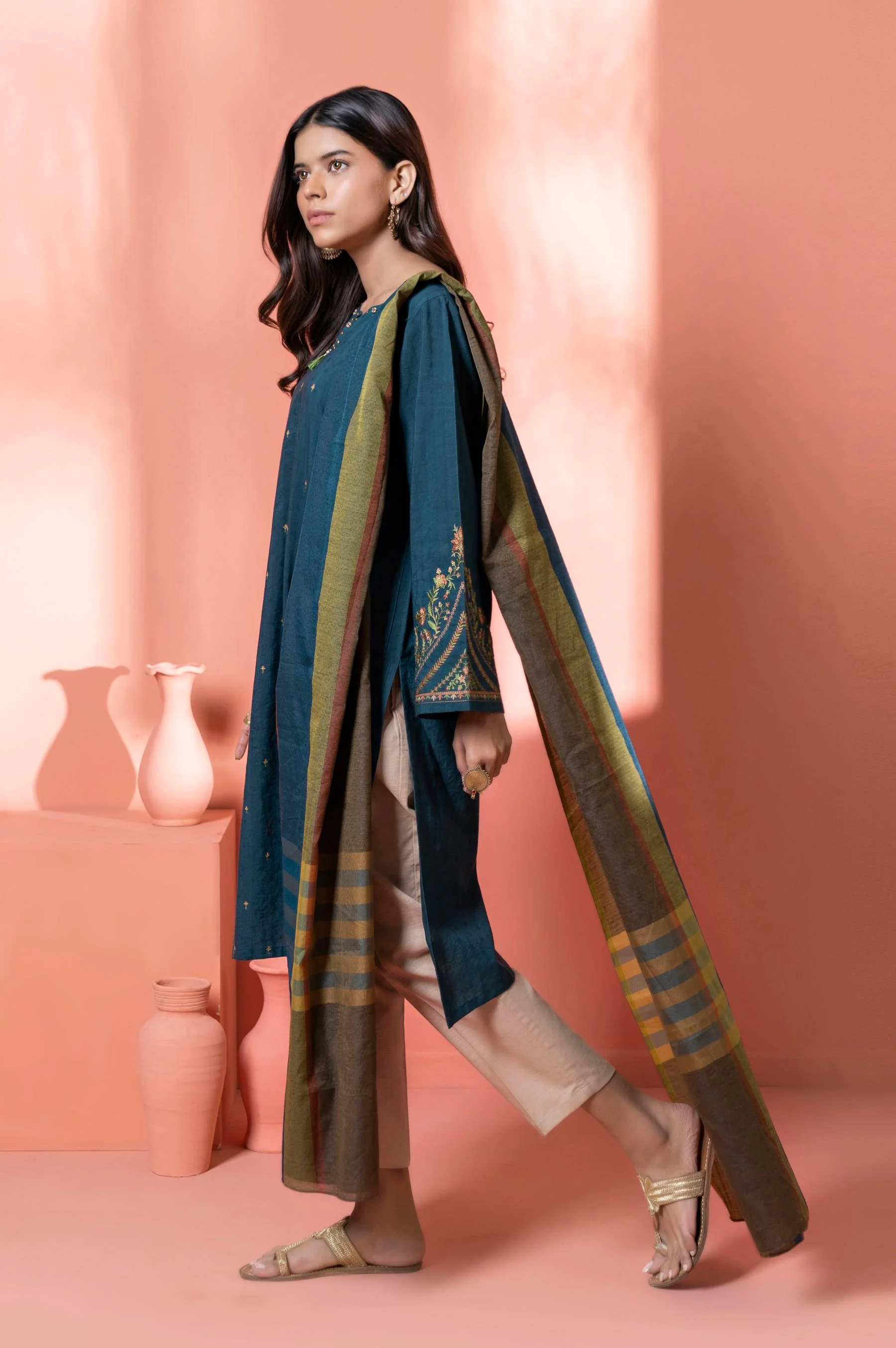 Stitched 2 Piece Embroidered Dobby Shirt With Dupatta - Image 5