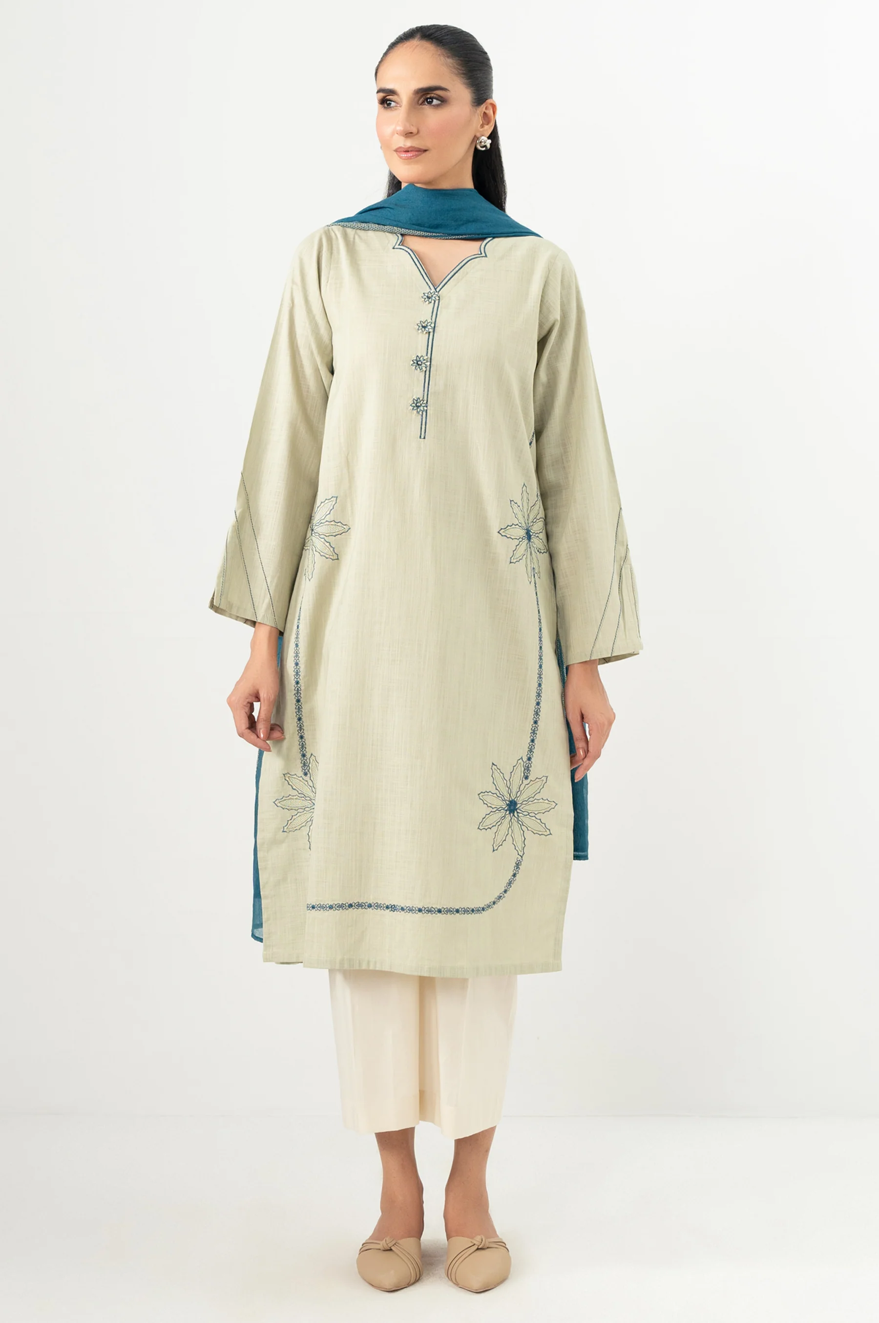 Stitched 2 Piece Embroidered Both Side Slub Shirt & Dupatta - Image 5