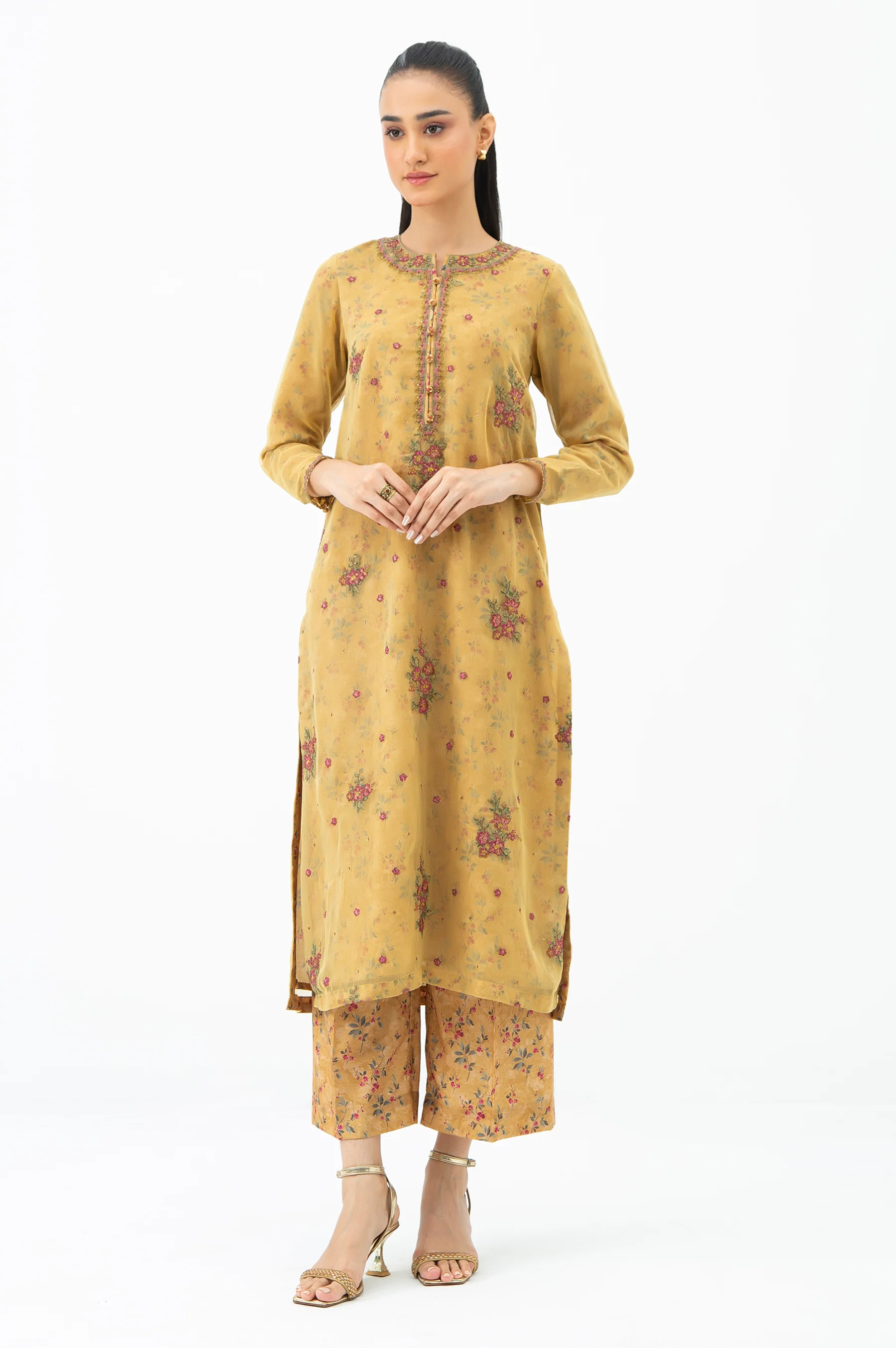 STITCHED EMBROIDERED CHIFFON SHIRT BOTTOM