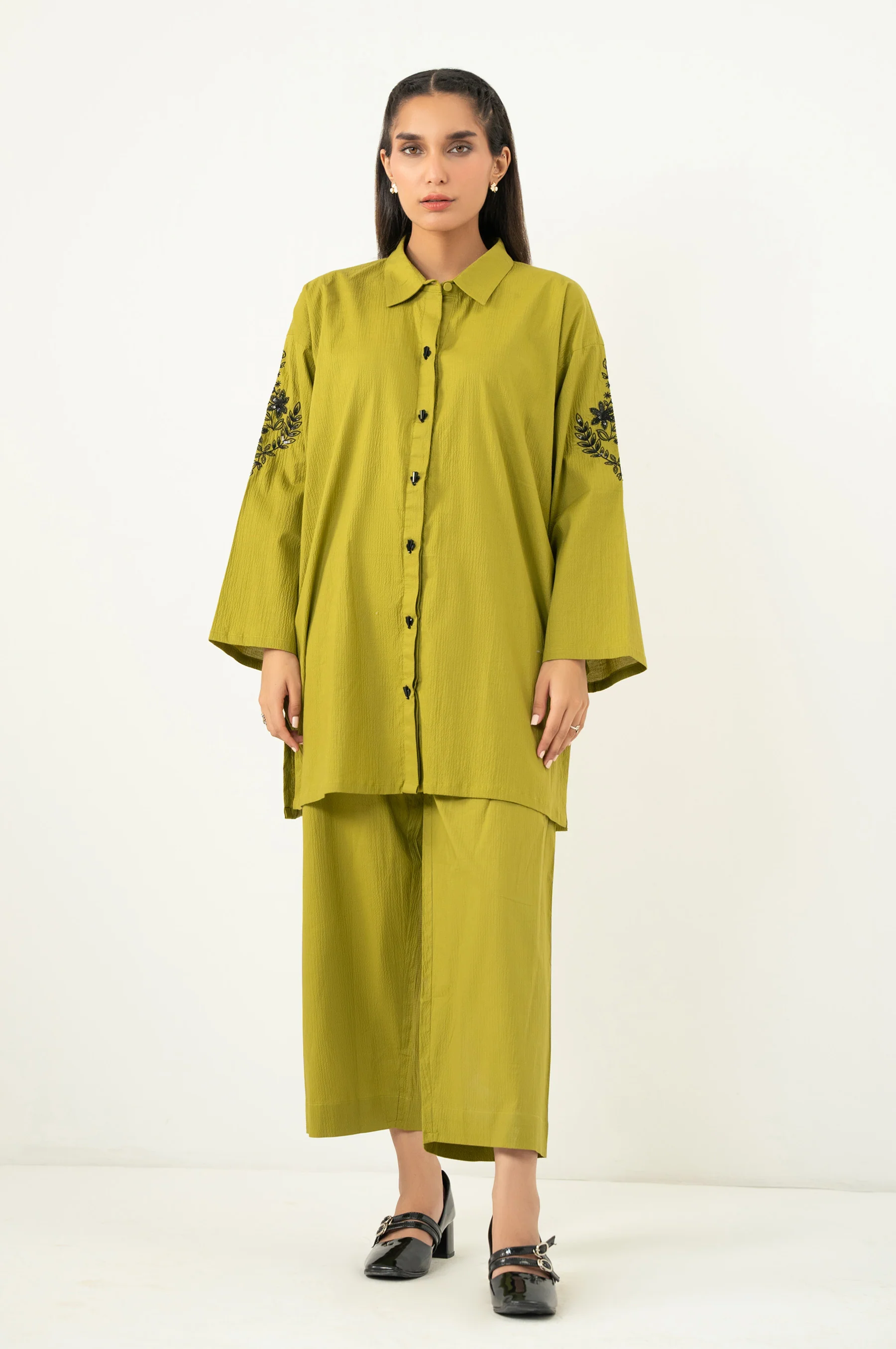 Stitched 2 Piece Embroidered Cotton Lycra Suit