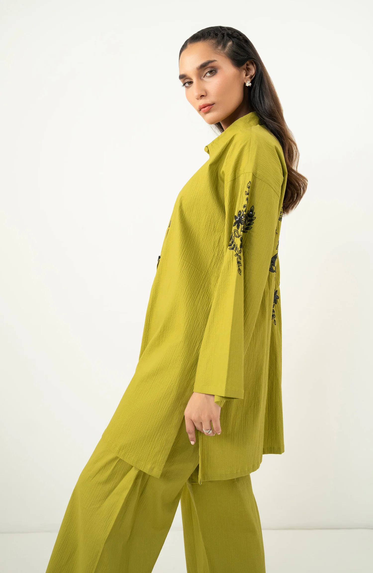 Stitched 2 Piece Embroidered Cotton Lycra Suit - Image 5