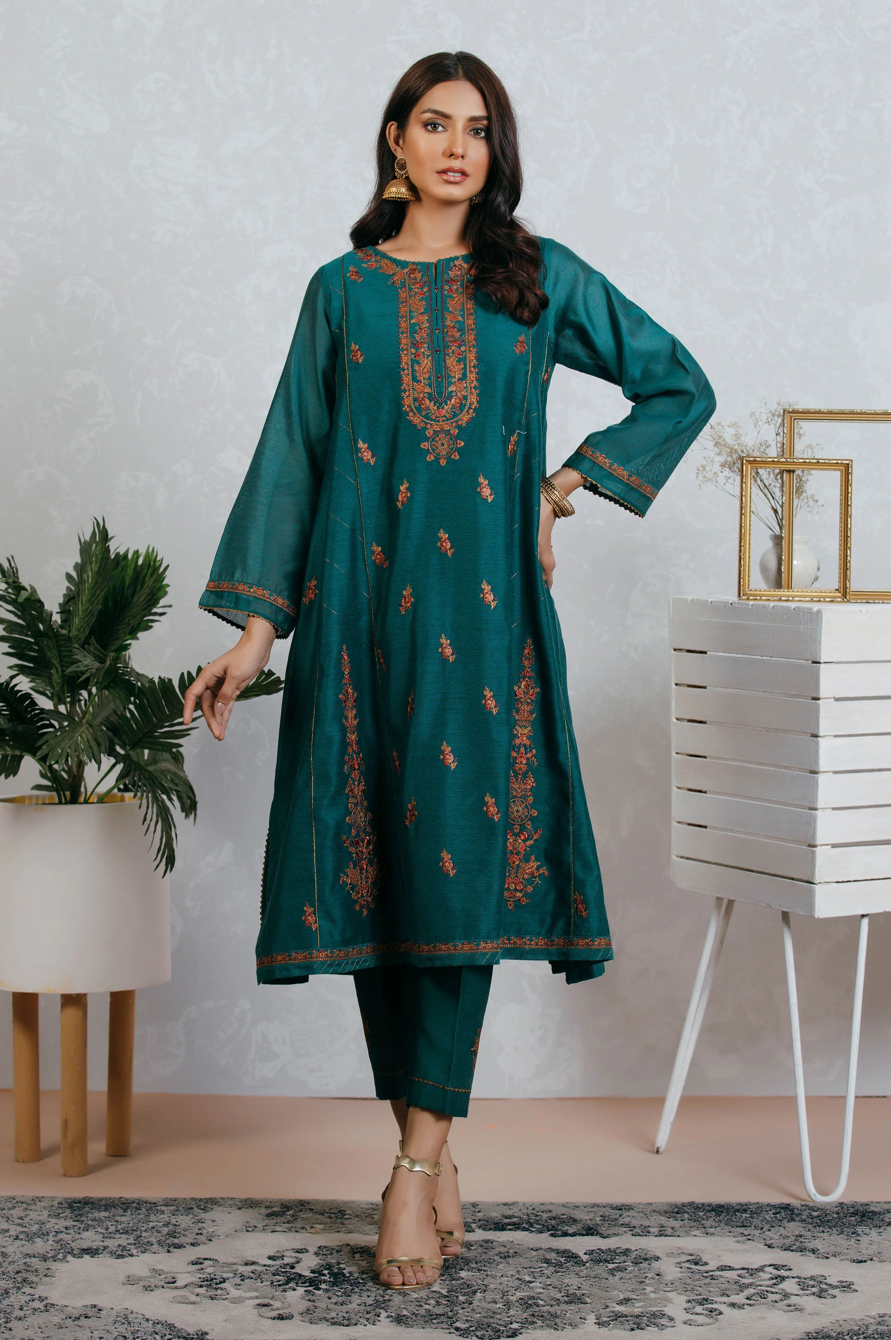 Stitched 2 Piece Cotton Net Embroidered Suit - Image 2