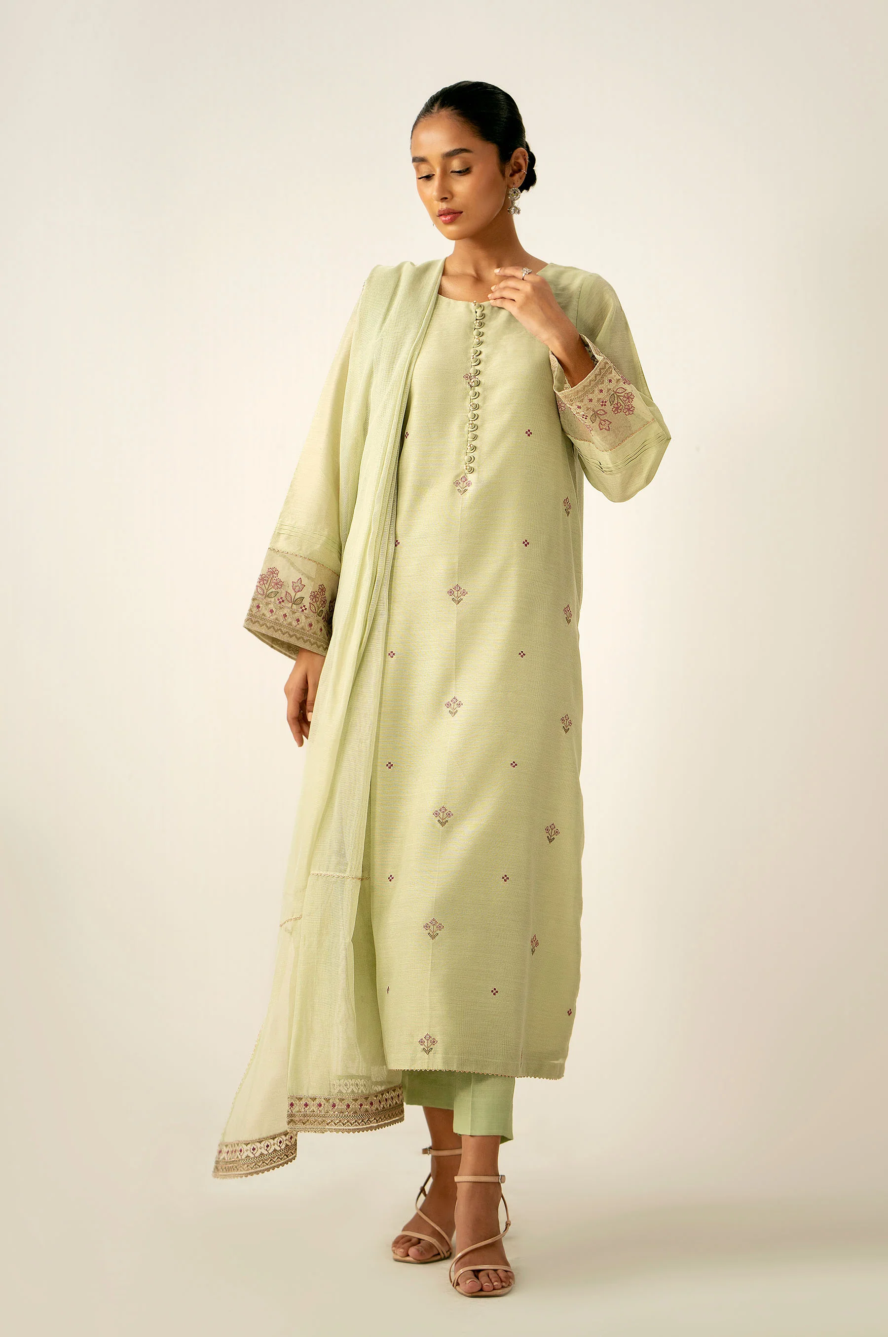 Stitched 2 Piece Embroidered Cotton Net Suit - Image 3