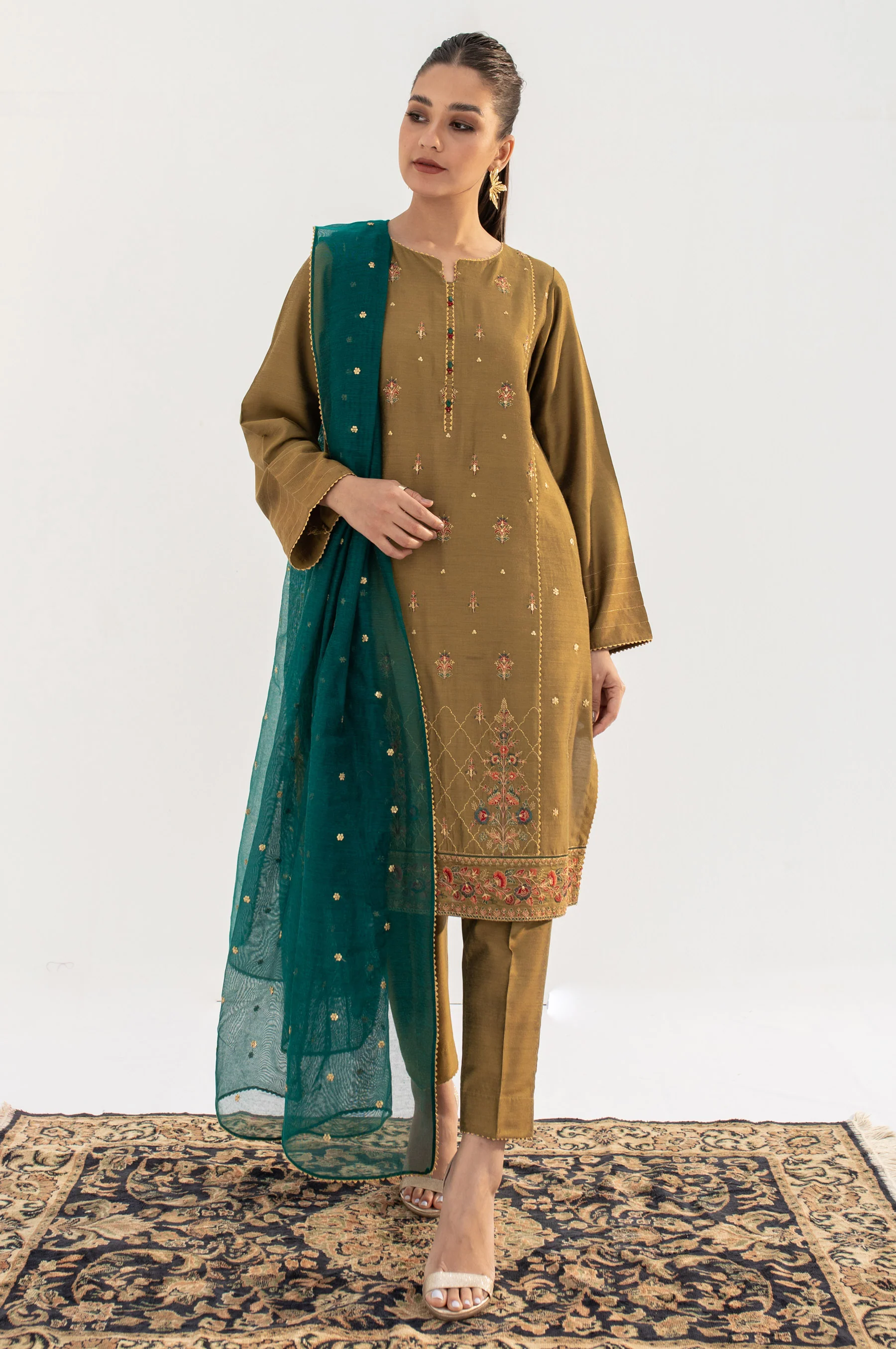 Stitched 2 Piece Embroidered Cotton Silk Suit - Image 3