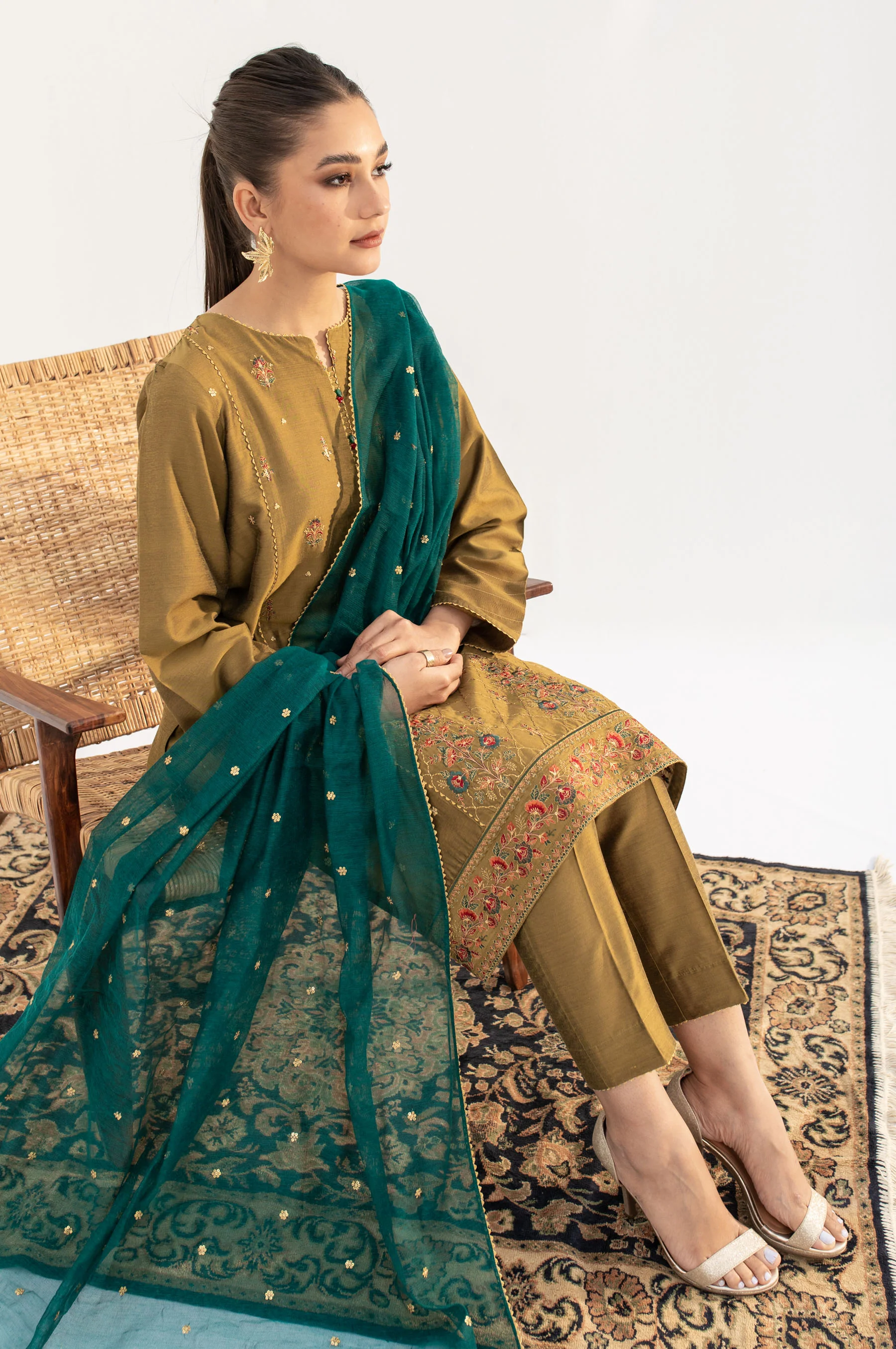 Stitched 2 Piece Embroidered Cotton Silk Suit - Image 5