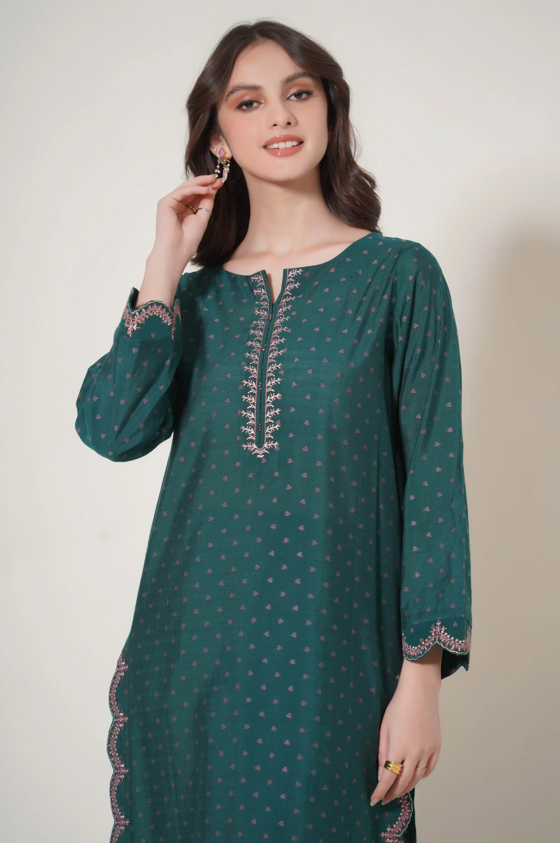 Stitched 2 Piece Embroidered Cotton Silk Suit - Image 2