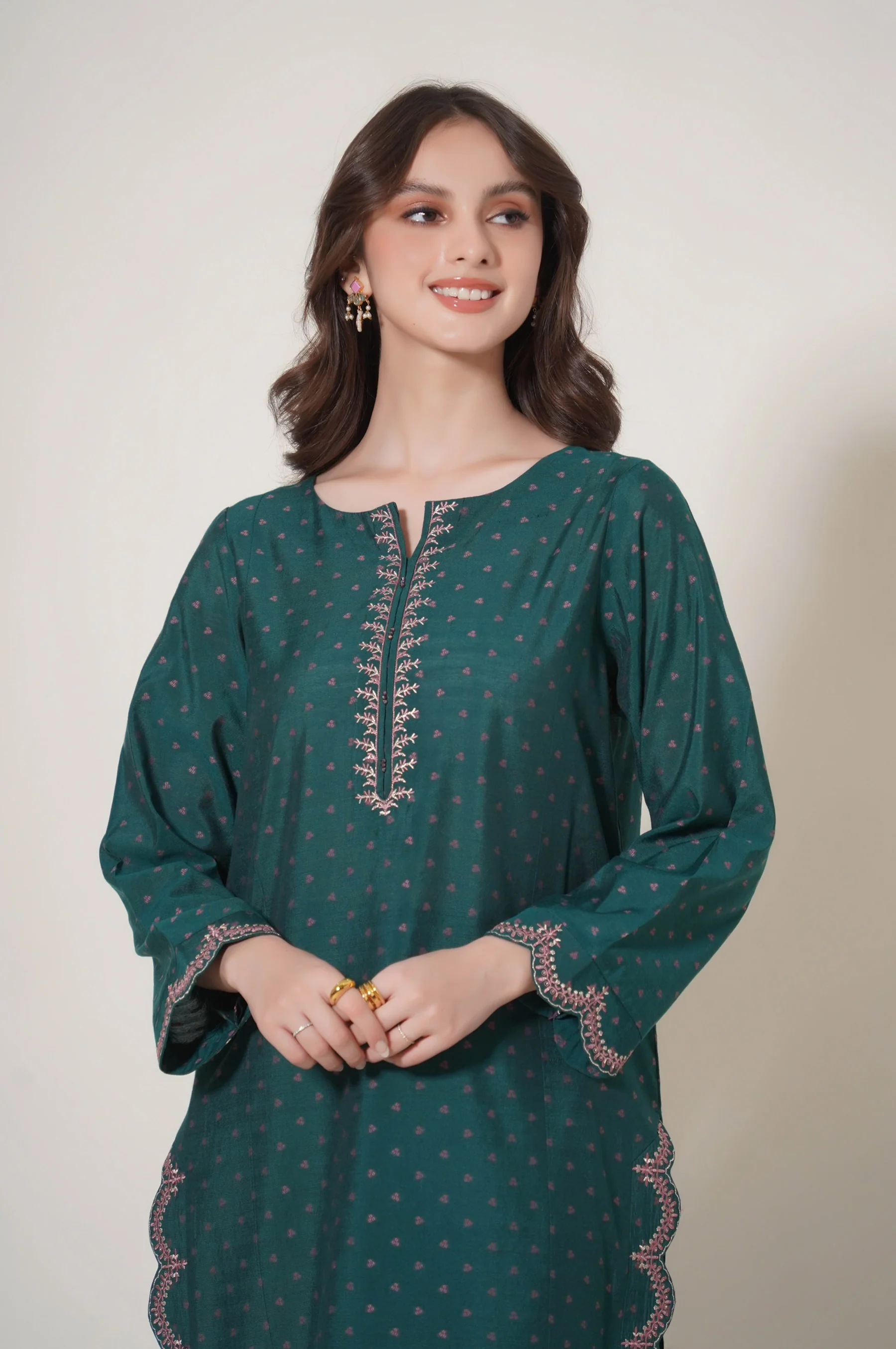 Stitched 2 Piece Embroidered Cotton Silk Suit - Image 3