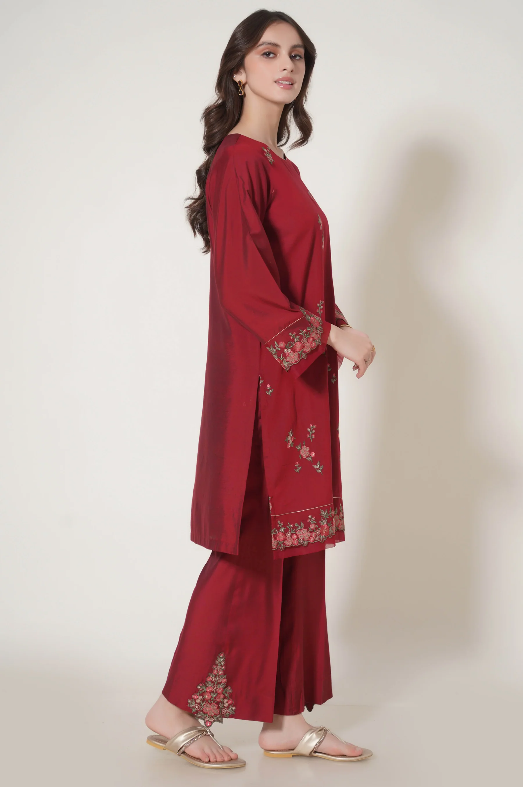 Stitched 2 Piece Embroidered Cotton Silk Suit - Image 2