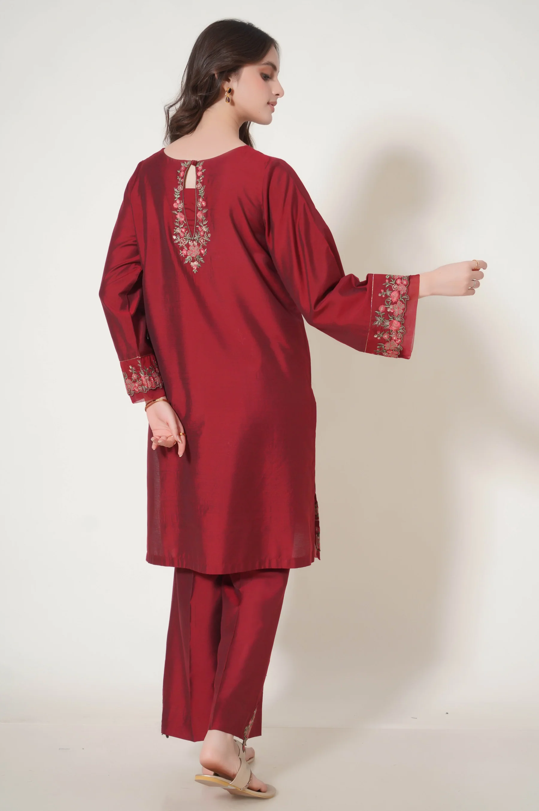 Stitched 2 Piece Embroidered Cotton Silk Suit - Image 3