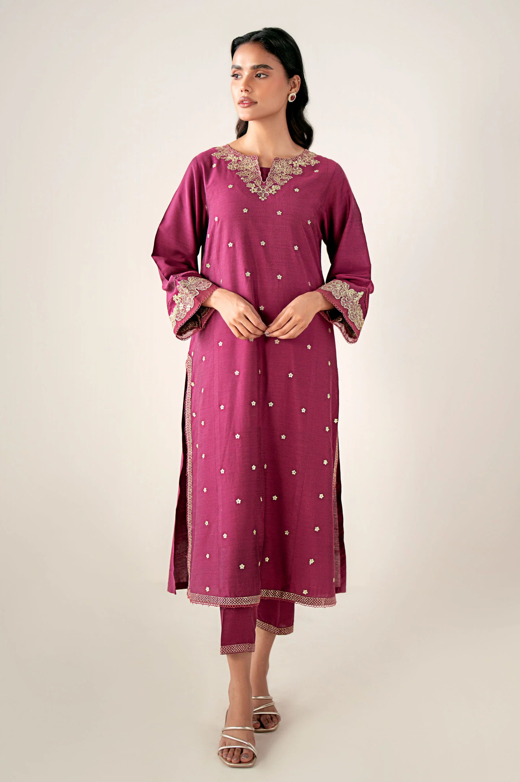 Stitched 2 Piece Embroidered Cotton Silk Suit